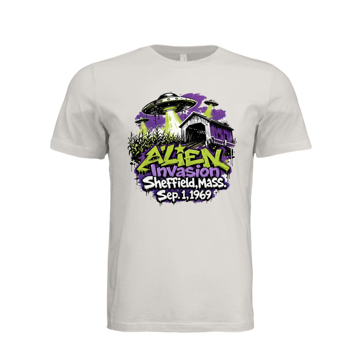 ndm:1782431-Adult graphic T-shirt featuring a graffiti-style alien invasion and UFO design, custom DTF print by Stu Borncat Creations.