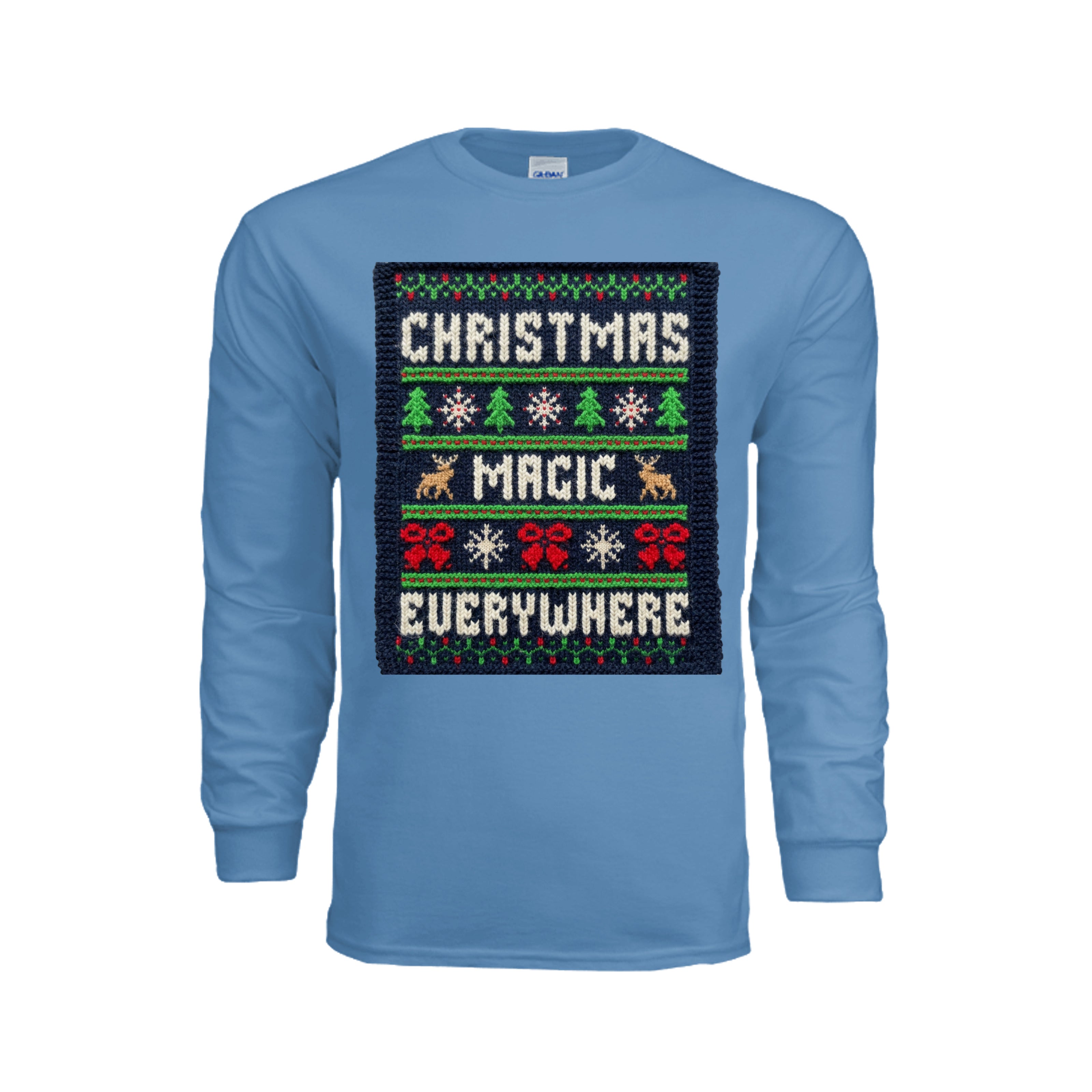 ndm:221514-Ugly Christmas sweater-style long sleeve graphic tee — holiday DTF print by Stu Borncat Creations
