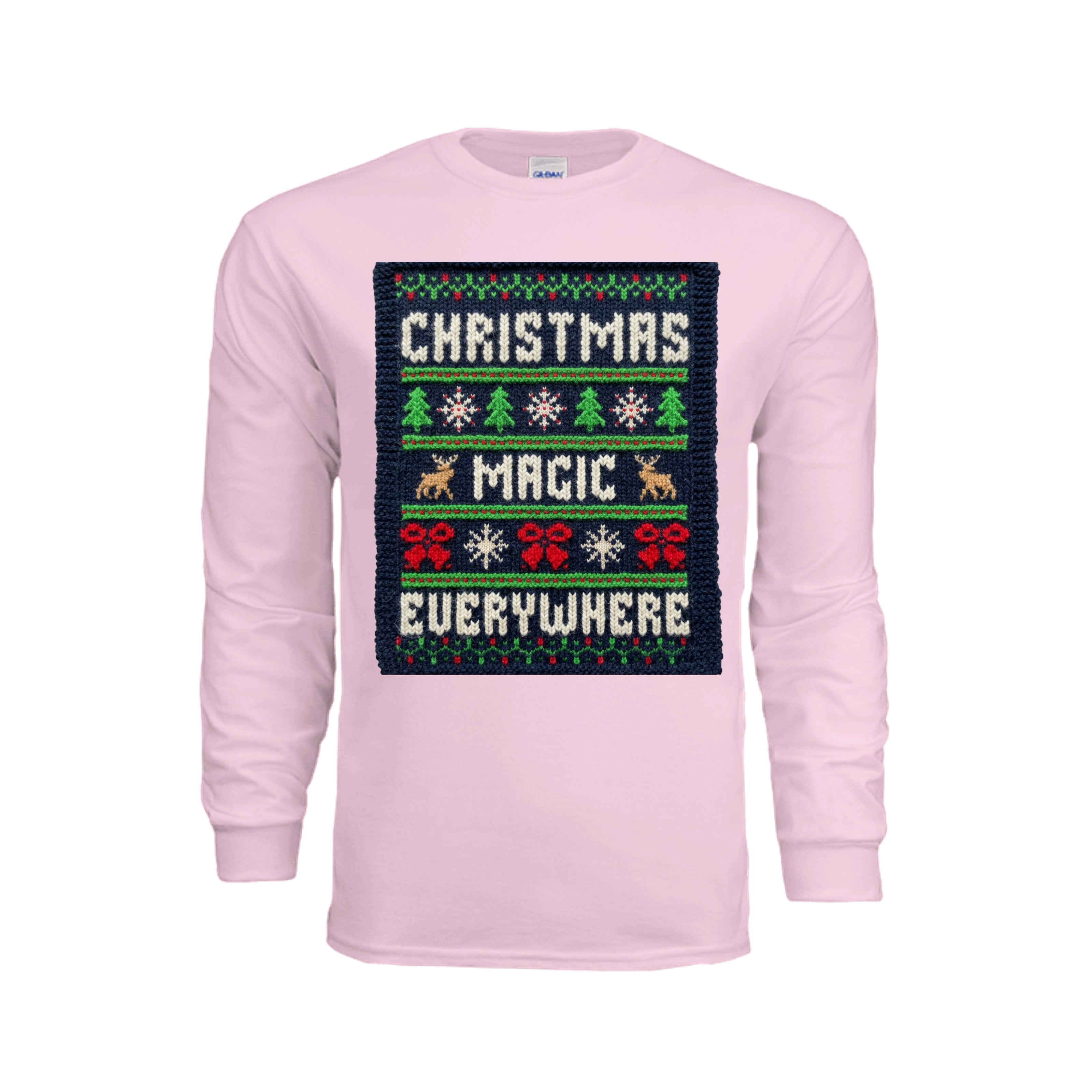 ndm:221516-Ugly Christmas sweater-style long sleeve graphic tee — holiday DTF print by Stu Borncat Creations
