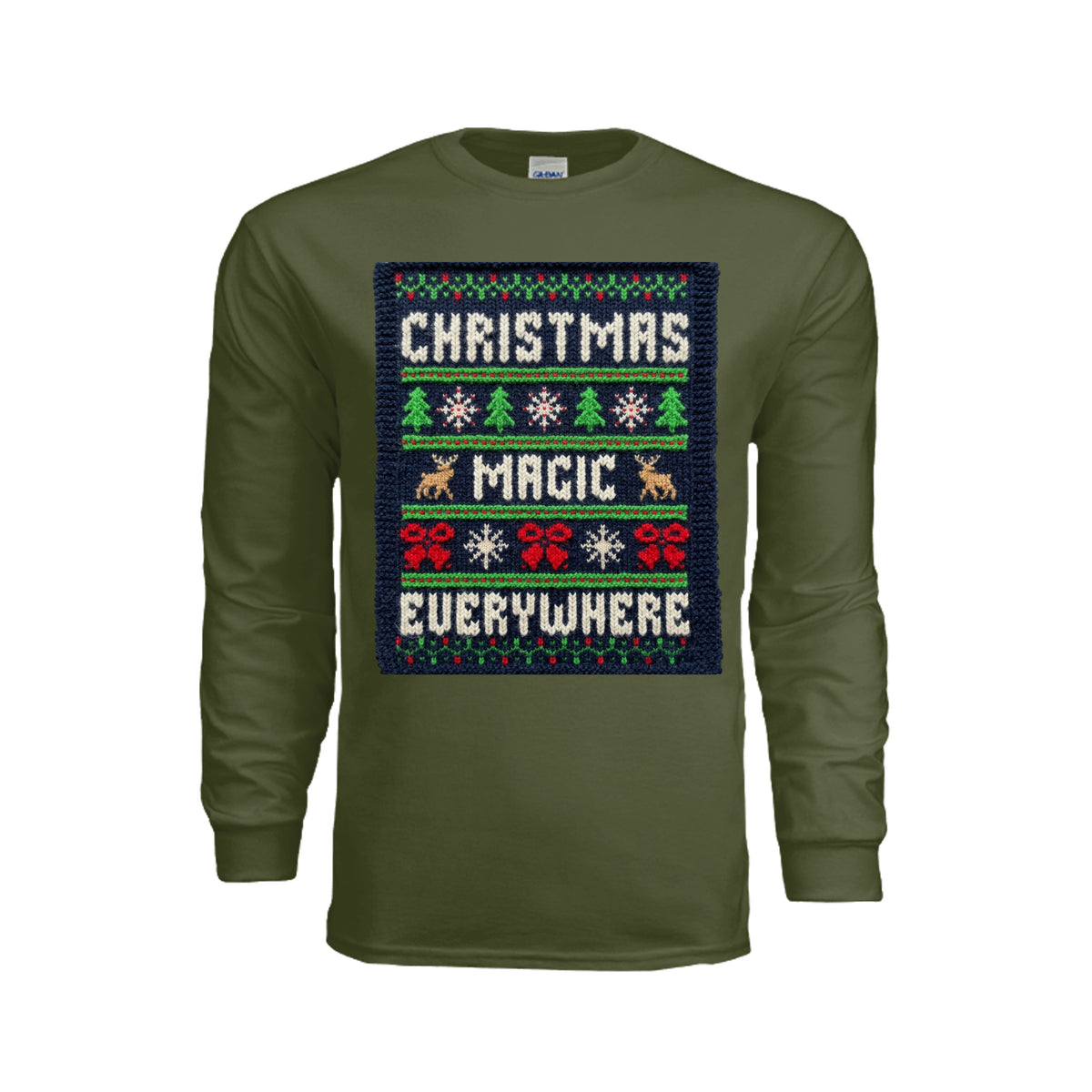 ndm:221518-Ugly Christmas sweater-style long sleeve graphic tee — holiday DTF print by Stu Borncat Creations
