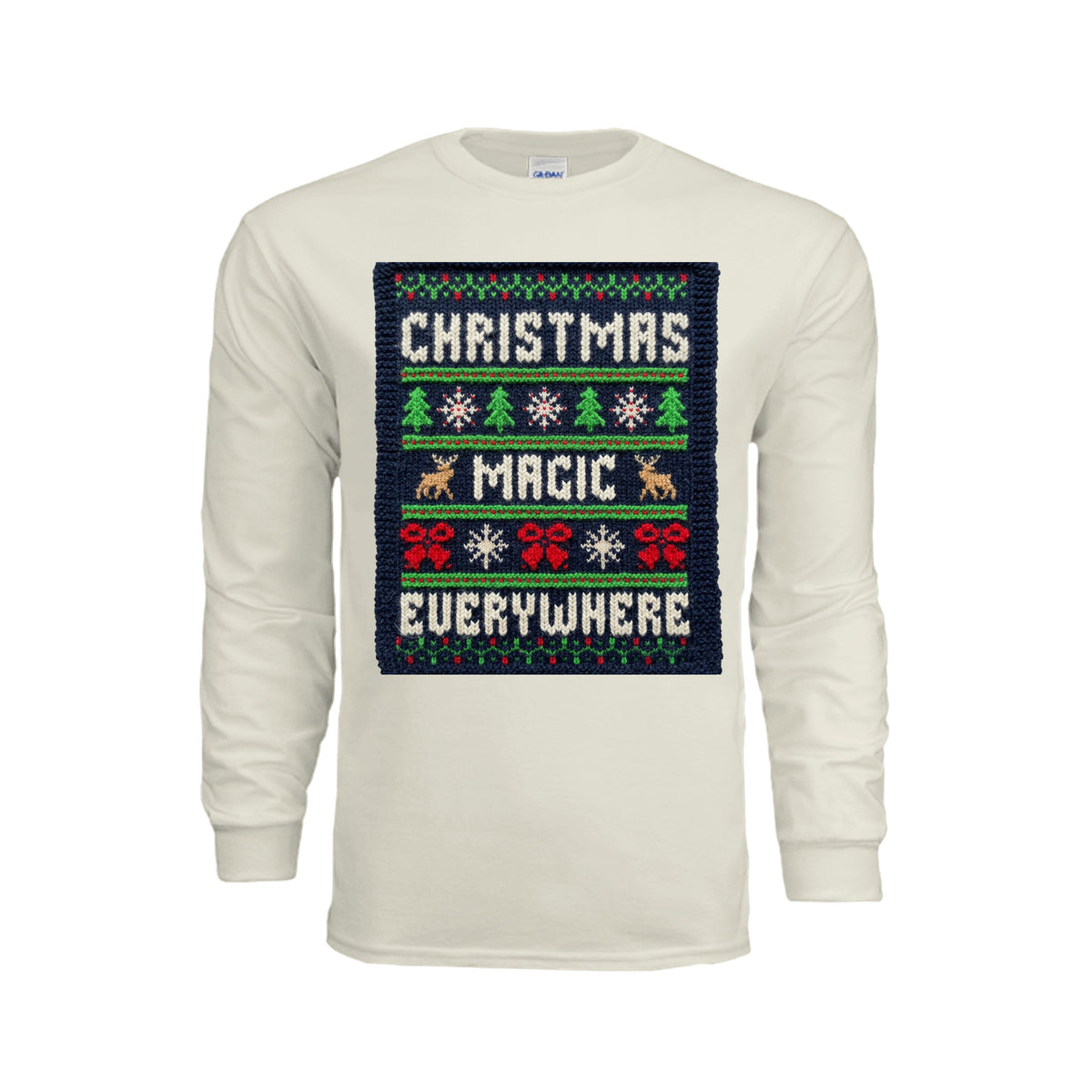 ndm:221520-Ugly Christmas sweater-style long sleeve graphic tee — holiday DTF print by Stu Borncat Creations