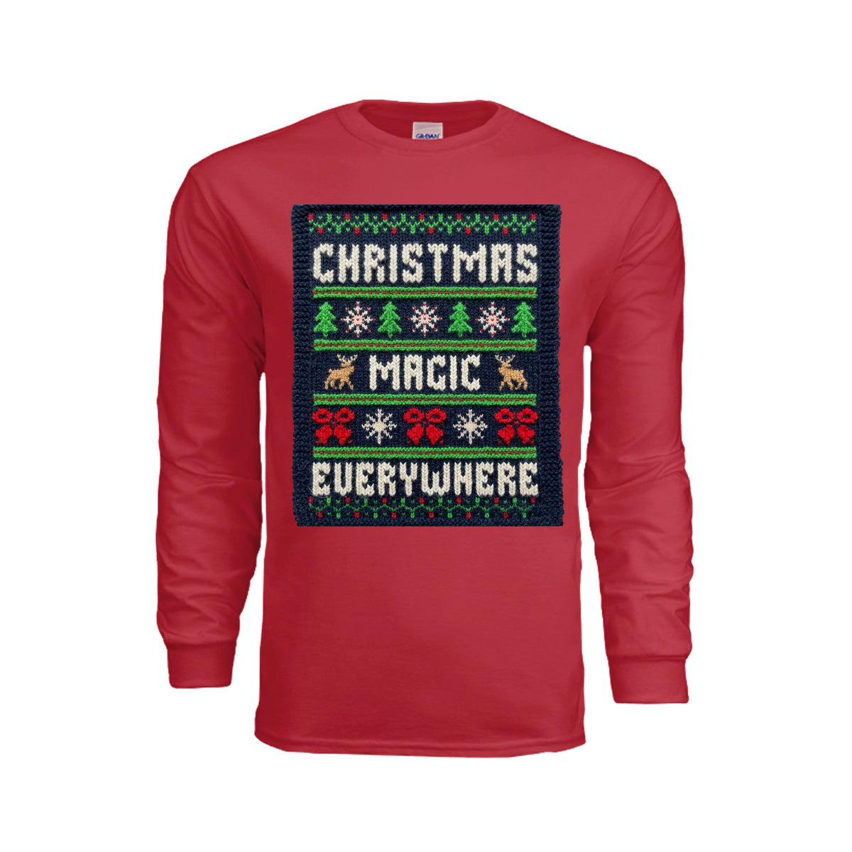 ndm:221522-Ugly Christmas sweater-style long sleeve graphic tee — holiday DTF print by Stu Borncat Creations