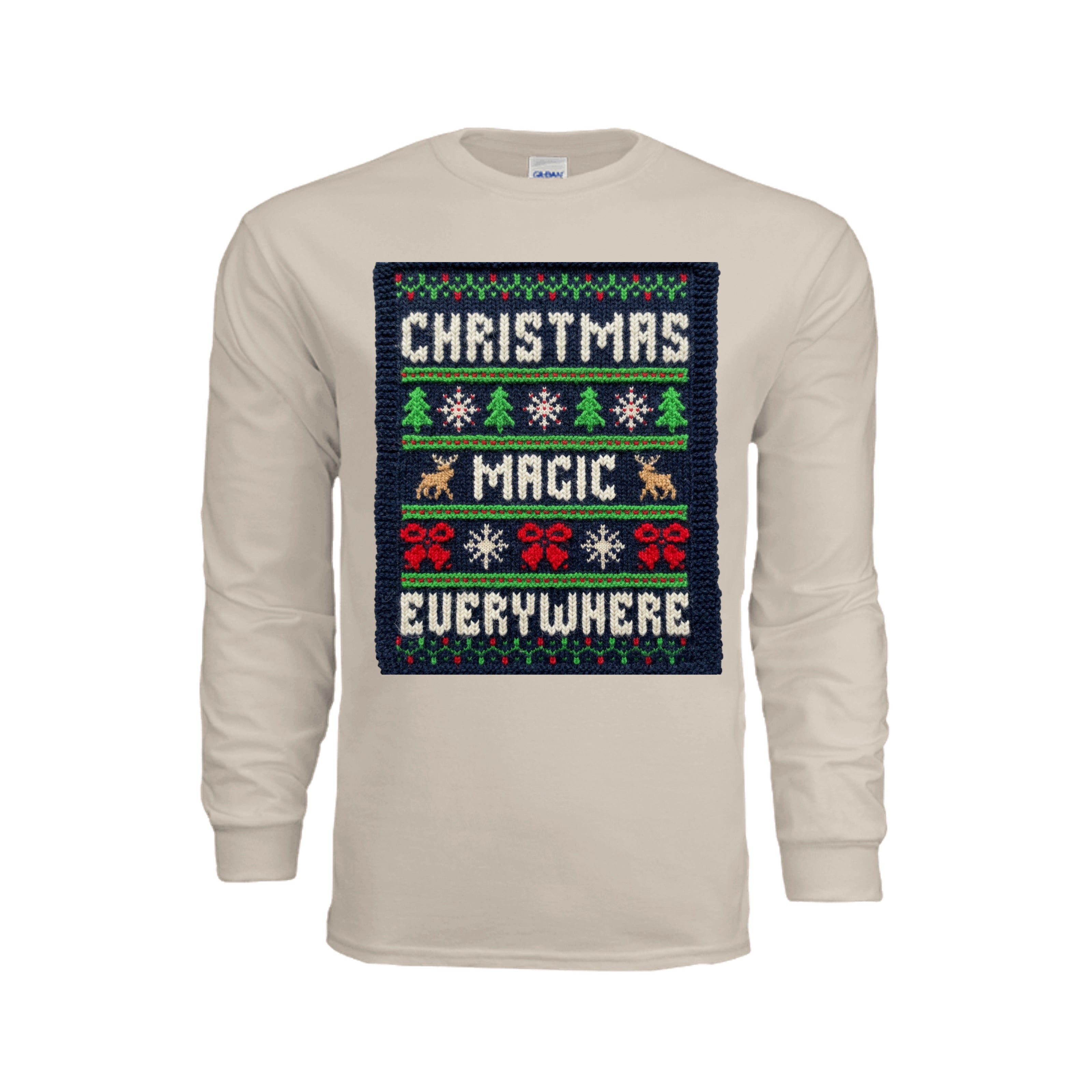 ndm:221524-Ugly Christmas sweater-style long sleeve graphic tee — holiday DTF print by Stu Borncat Creations