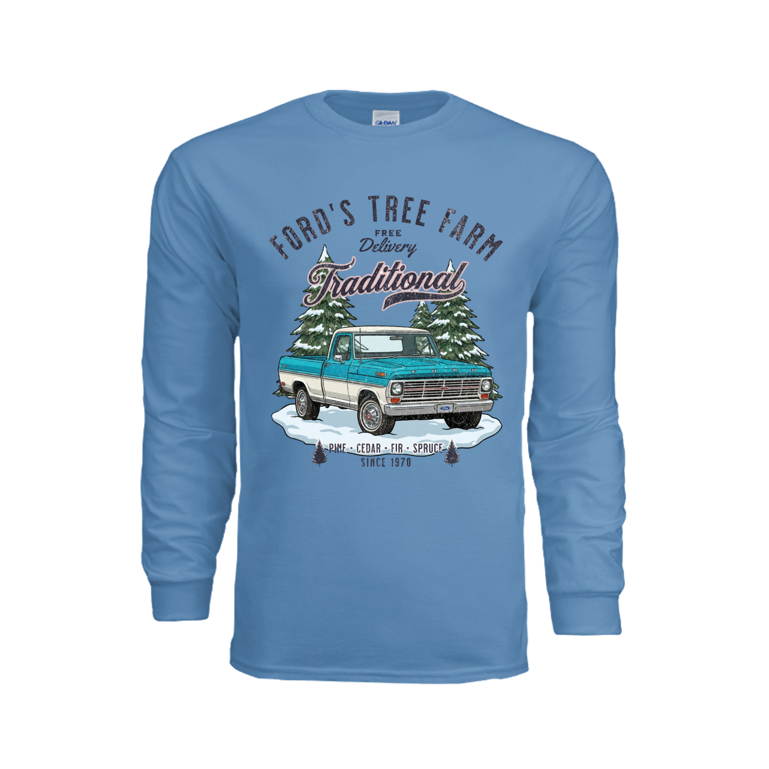 ndm:221745-Fords Tree Farm Christmas long sleeve graphic tee — holiday DTF print by Stu Borncat Creations