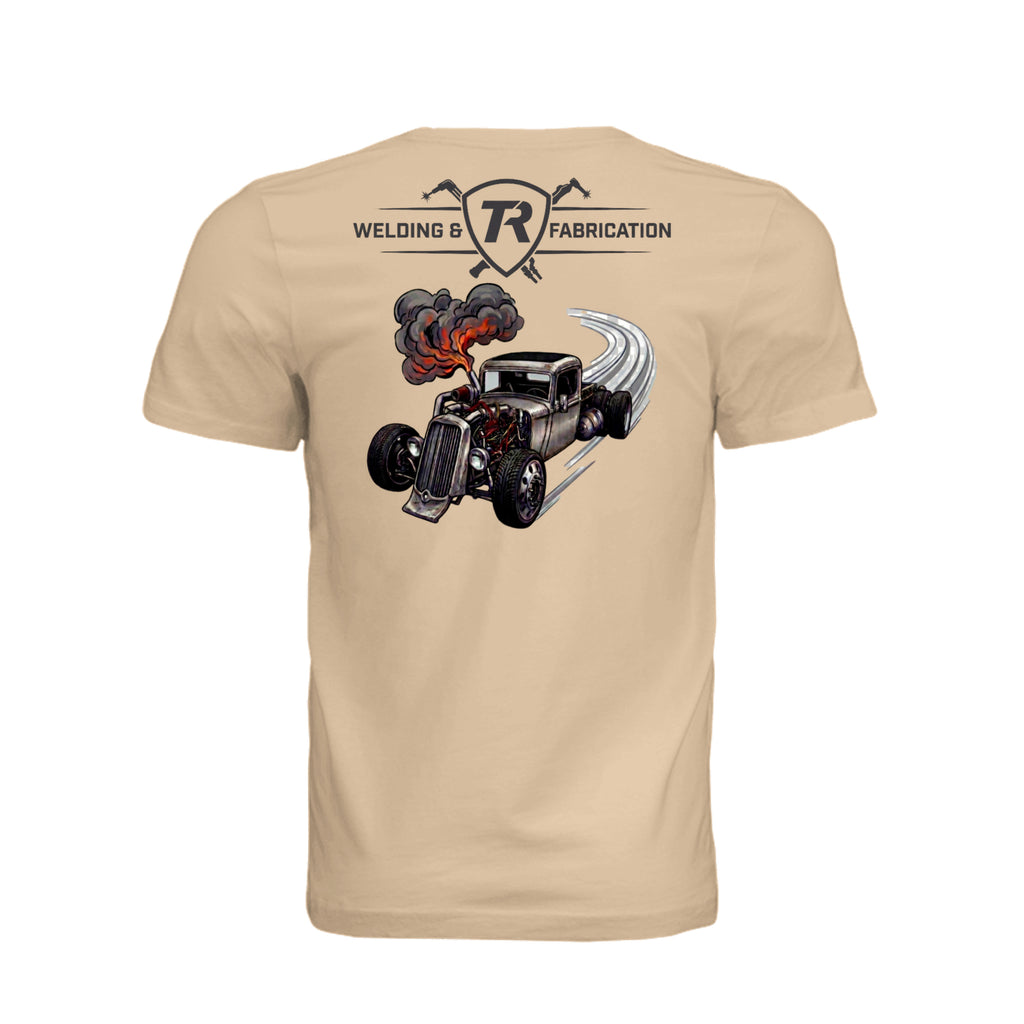 TR Welding & Fabrication rat rod graphic tee black logo — custom fabrication apparel by Stu Borncat Creations-Color-Sand Dune