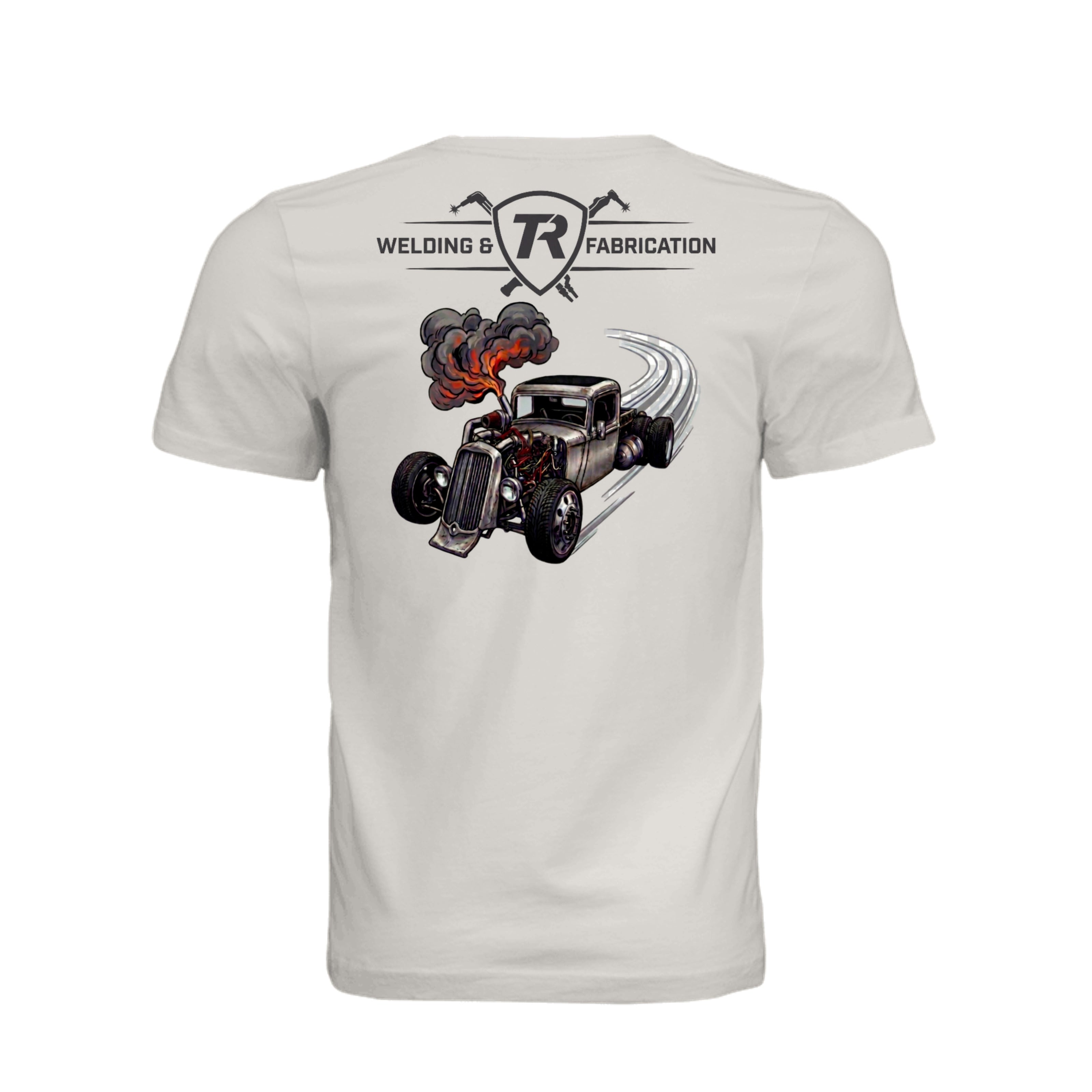 TR Welding & Fabrication rat rod graphic tee black logo — custom fabrication apparel by Stu Borncat Creations-Color-Vintage White