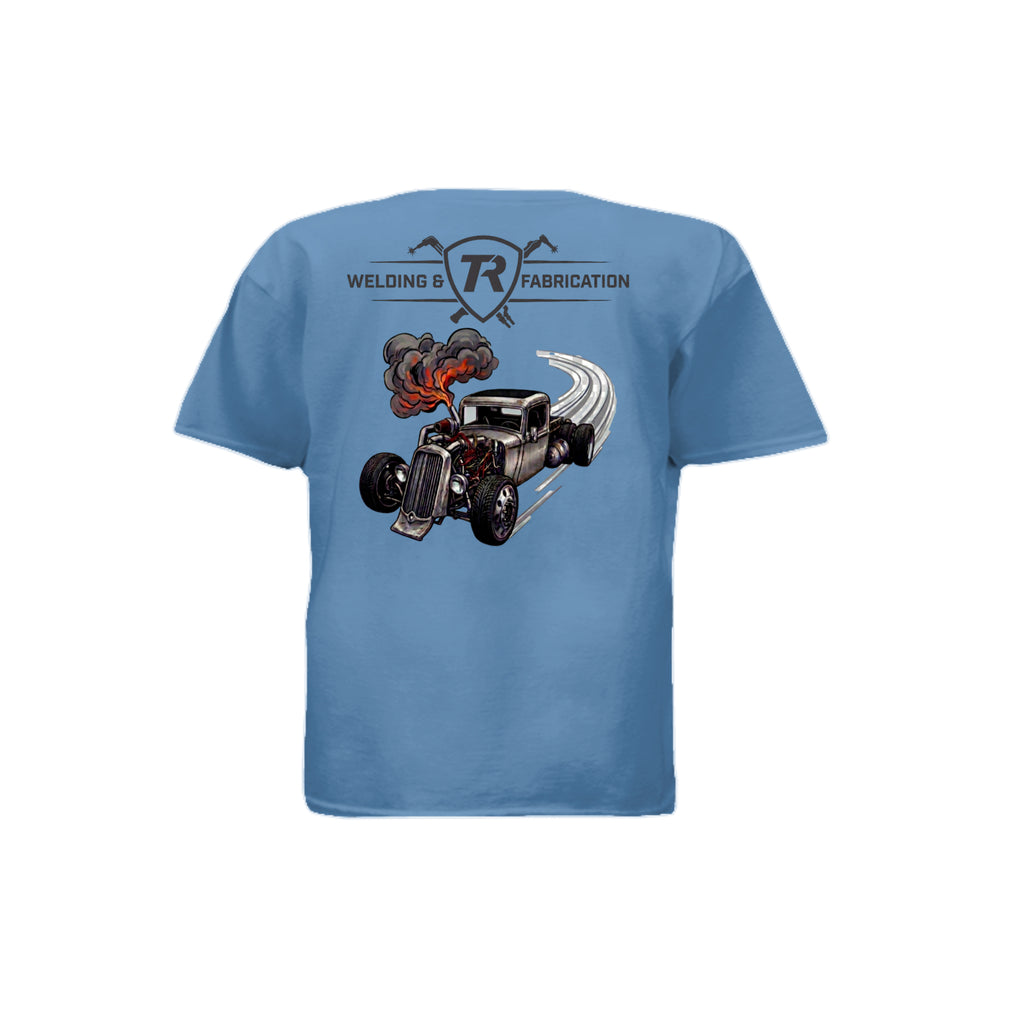 TR Welding & Fabrication rat rod kids graphic tee black logo — youth fabrication apparel by Stu Borncat Creations-Color-Carolina Blue