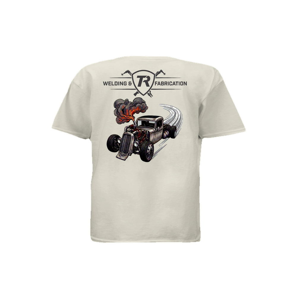 TR Welding & Fabrication rat rod kids graphic tee black logo — youth fabrication apparel by Stu Borncat Creations-Color-Natural