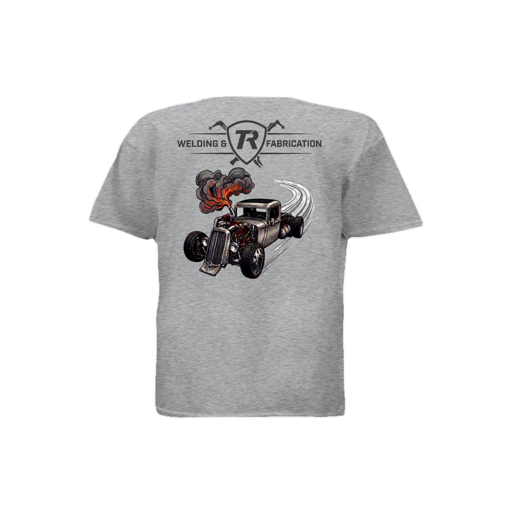 TR Welding & Fabrication rat rod kids graphic tee black logo — youth fabrication apparel by Stu Borncat Creations-Color-Sport Gray