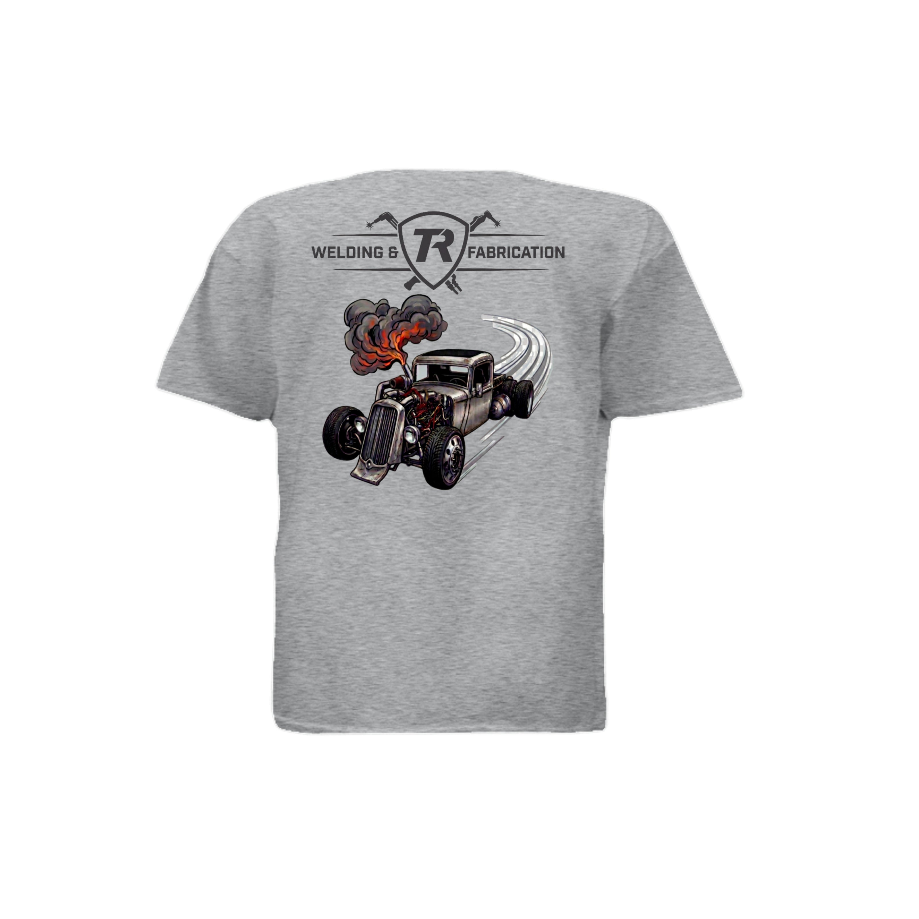 TR Welding & Fabrication rat rod kids graphic tee black logo — youth fabrication apparel by Stu Borncat Creations-Color-Sport Gray