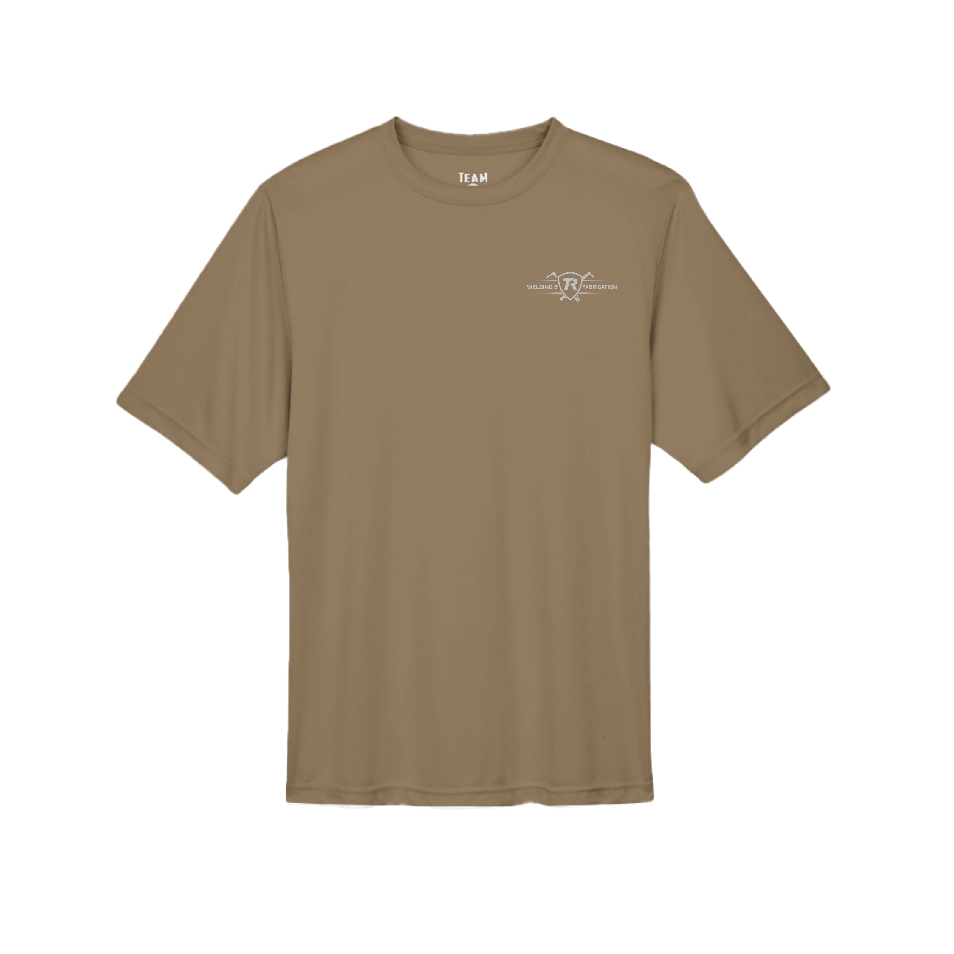 TR Welding & Fabrication rat rod performance tee grey logo — moisture-wicking fabrication apparel by Stu Borncat Creations-Color-Coyote Brown