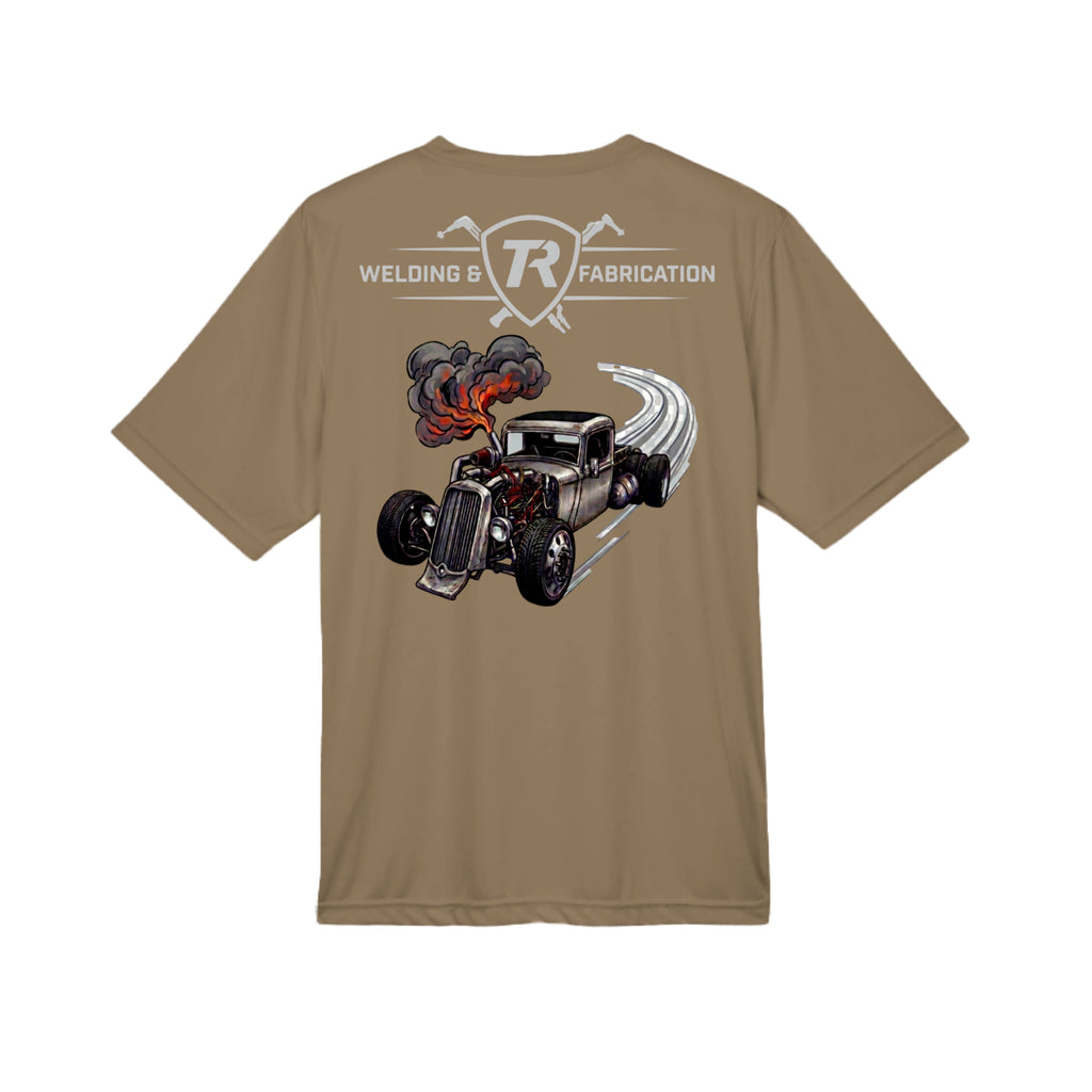 TR Welding & Fabrication rat rod performance tee grey logo — moisture-wicking fabrication apparel by Stu Borncat Creations-Color-Coyote Brown
