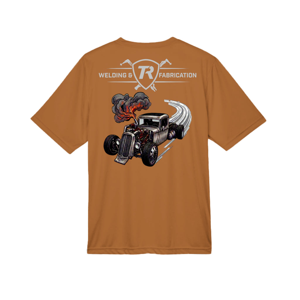 TR Welding & Fabrication rat rod performance tee grey logo — moisture-wicking fabrication apparel by Stu Borncat Creations-Color-Sport Burnt Orange