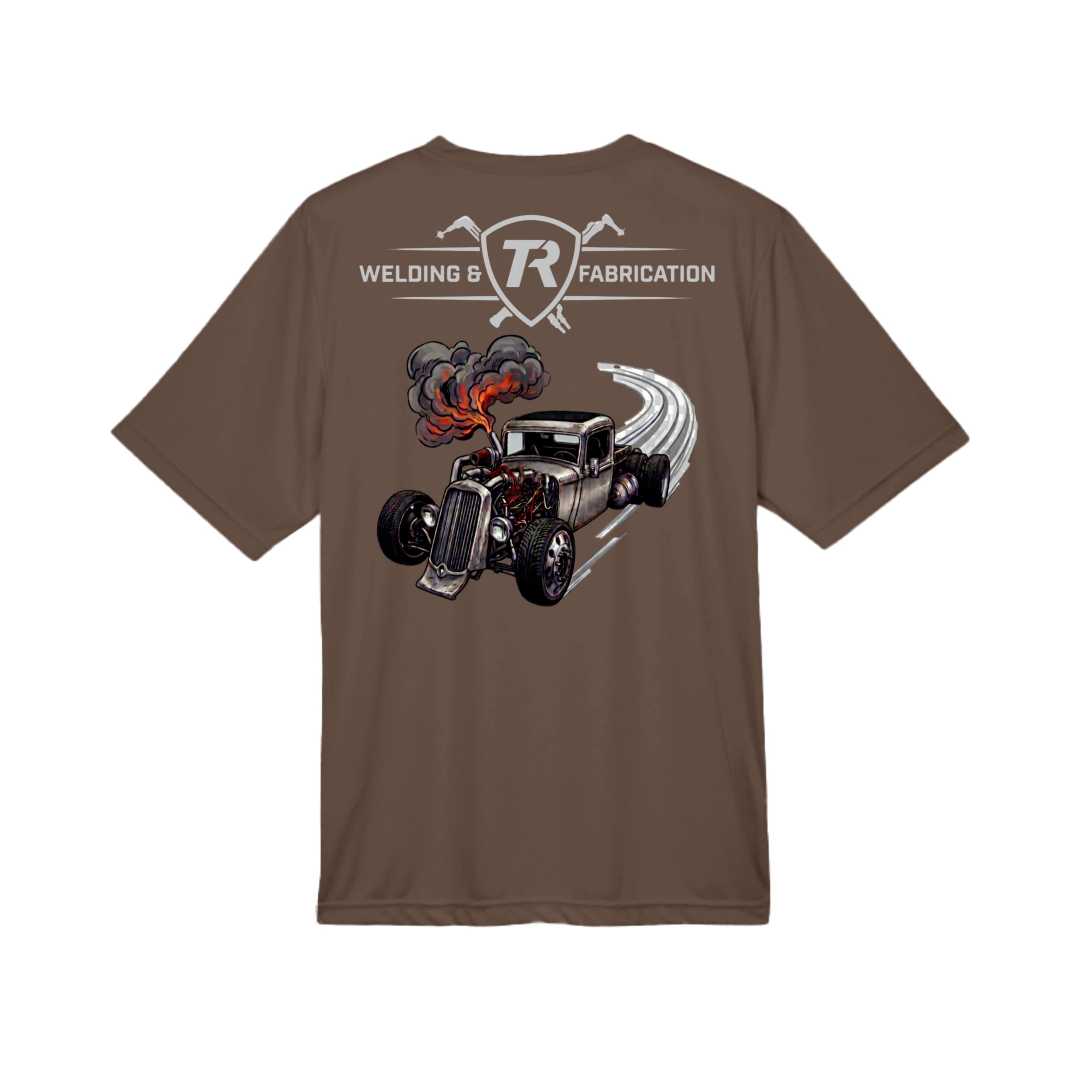 TR Welding & Fabrication rat rod performance tee grey logo — moisture-wicking fabrication apparel by Stu Borncat Creations-Color-Sport Dark Brown