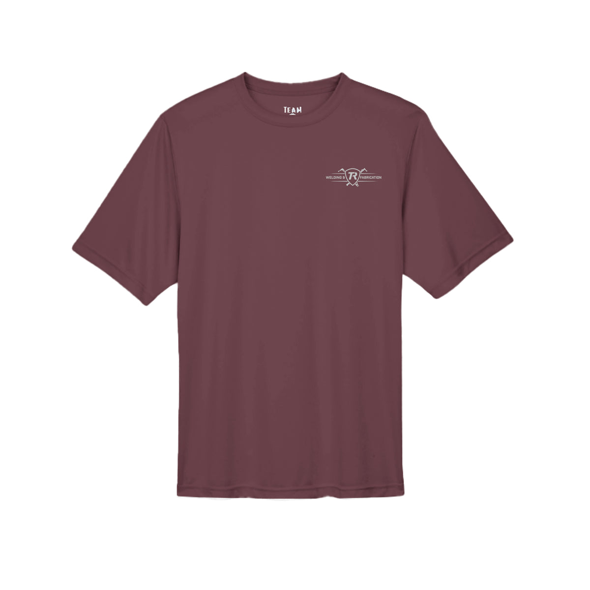 TR Welding & Fabrication rat rod performance tee grey logo — moisture-wicking fabrication apparel by Stu Borncat Creations-Color-Sport Dark Maroon