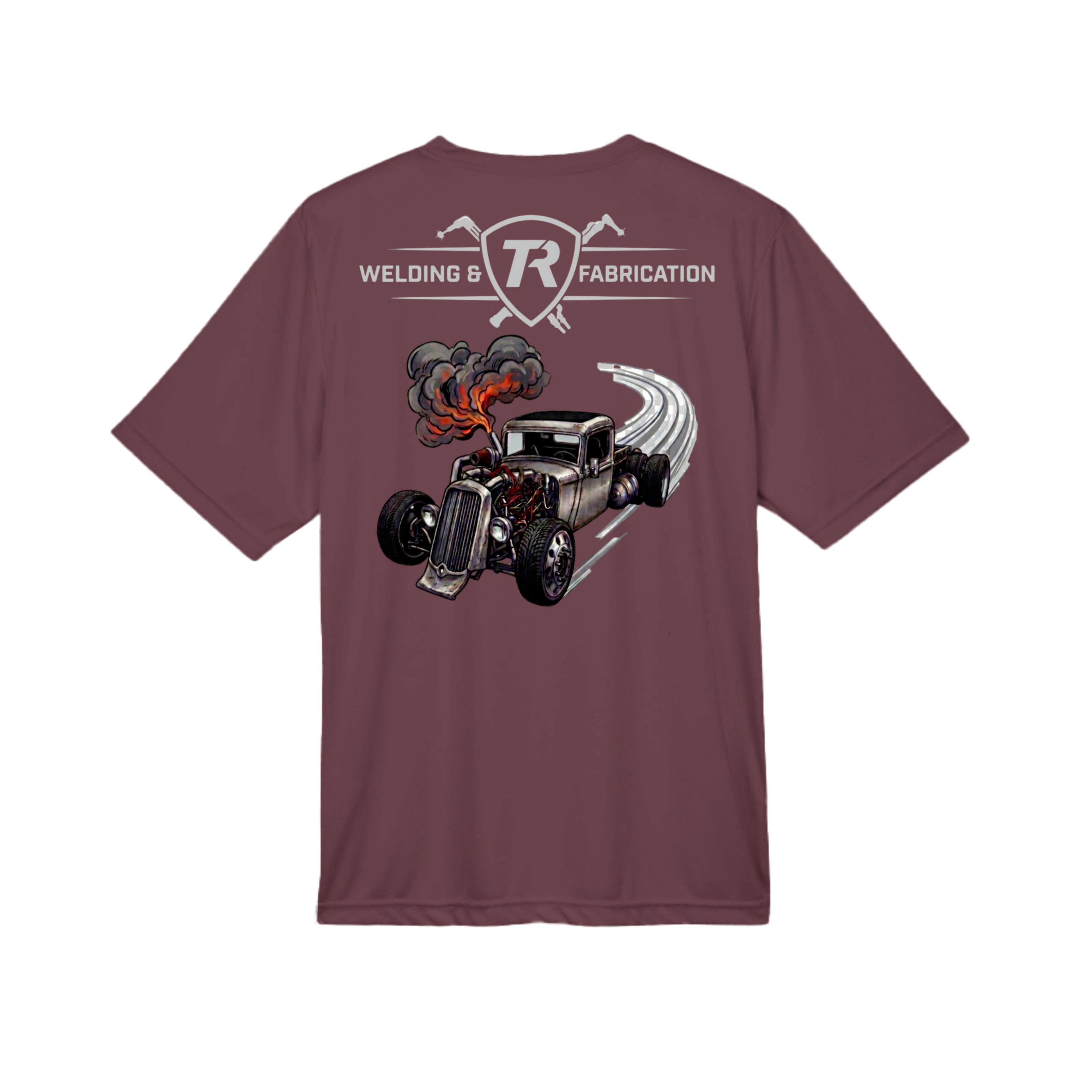 TR Welding & Fabrication rat rod performance tee grey logo — moisture-wicking fabrication apparel by Stu Borncat Creations-Color-Sport Dark Maroon