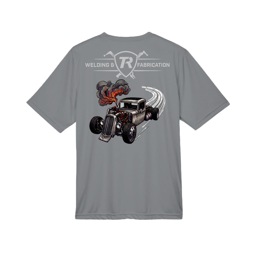 TR Welding & Fabrication rat rod performance tee grey logo — moisture-wicking fabrication apparel by Stu Borncat Creations-Color-Sport Graphite