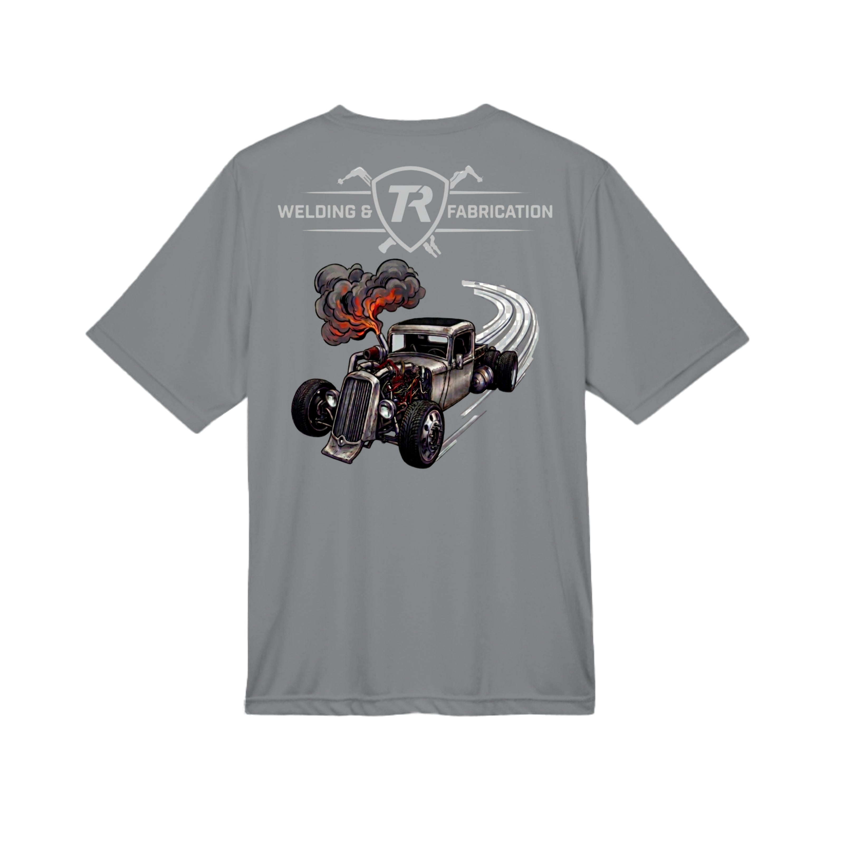 TR Welding & Fabrication rat rod performance tee grey logo — moisture-wicking fabrication apparel by Stu Borncat Creations-Color-Sport Graphite
