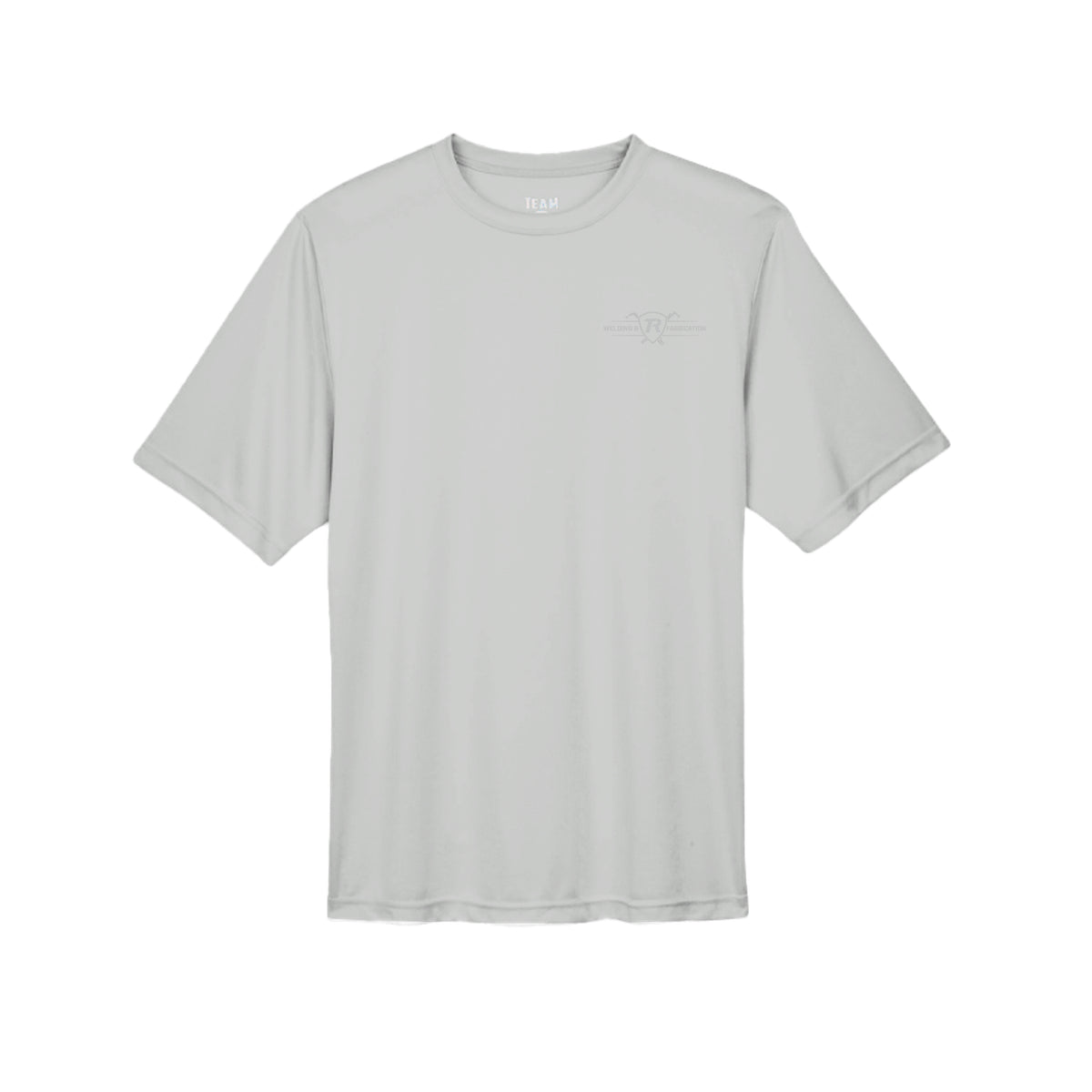 TR Welding & Fabrication rat rod performance tee grey logo — moisture-wicking fabrication apparel by Stu Borncat Creations-Color-Silver