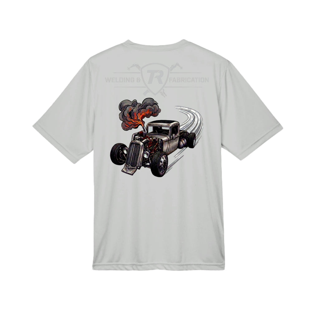 TR Welding & Fabrication rat rod performance tee grey logo — moisture-wicking fabrication apparel by Stu Borncat Creations-Color-Silver