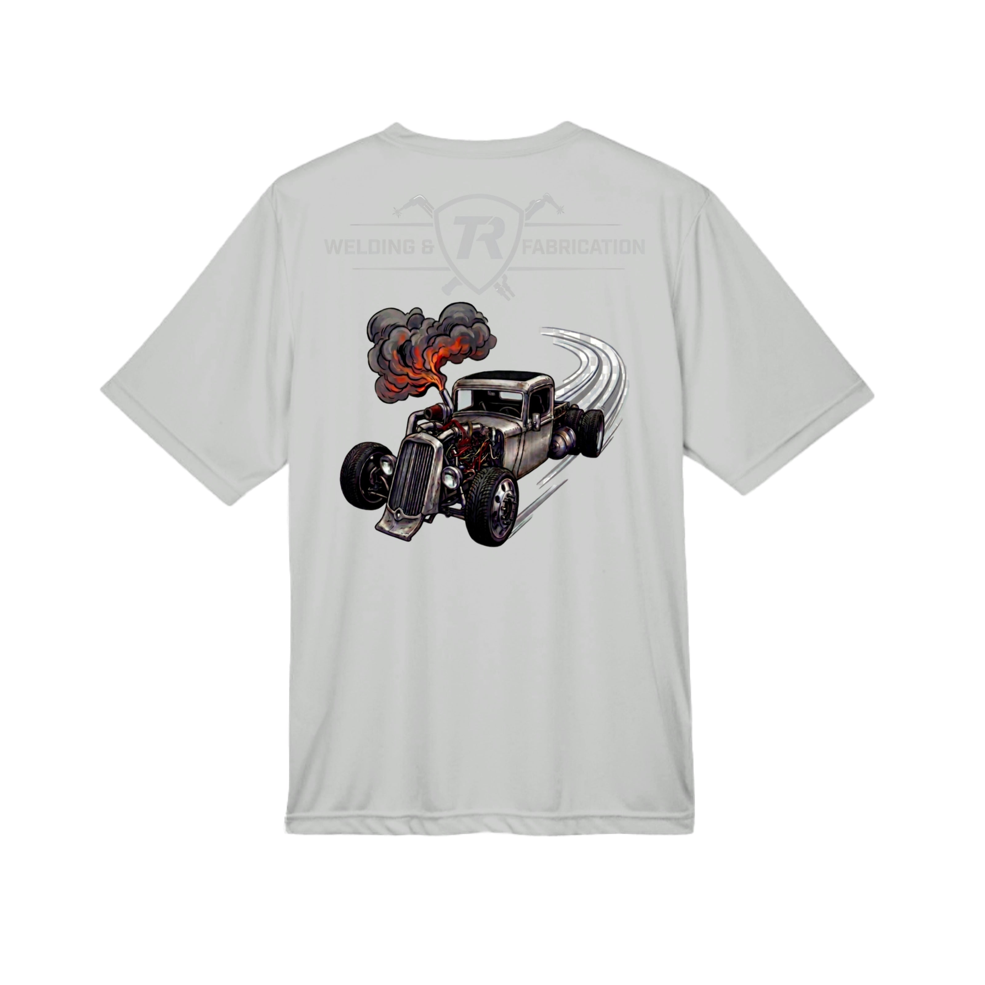 TR Welding & Fabrication rat rod performance tee grey logo — moisture-wicking fabrication apparel by Stu Borncat Creations-Color-Silver