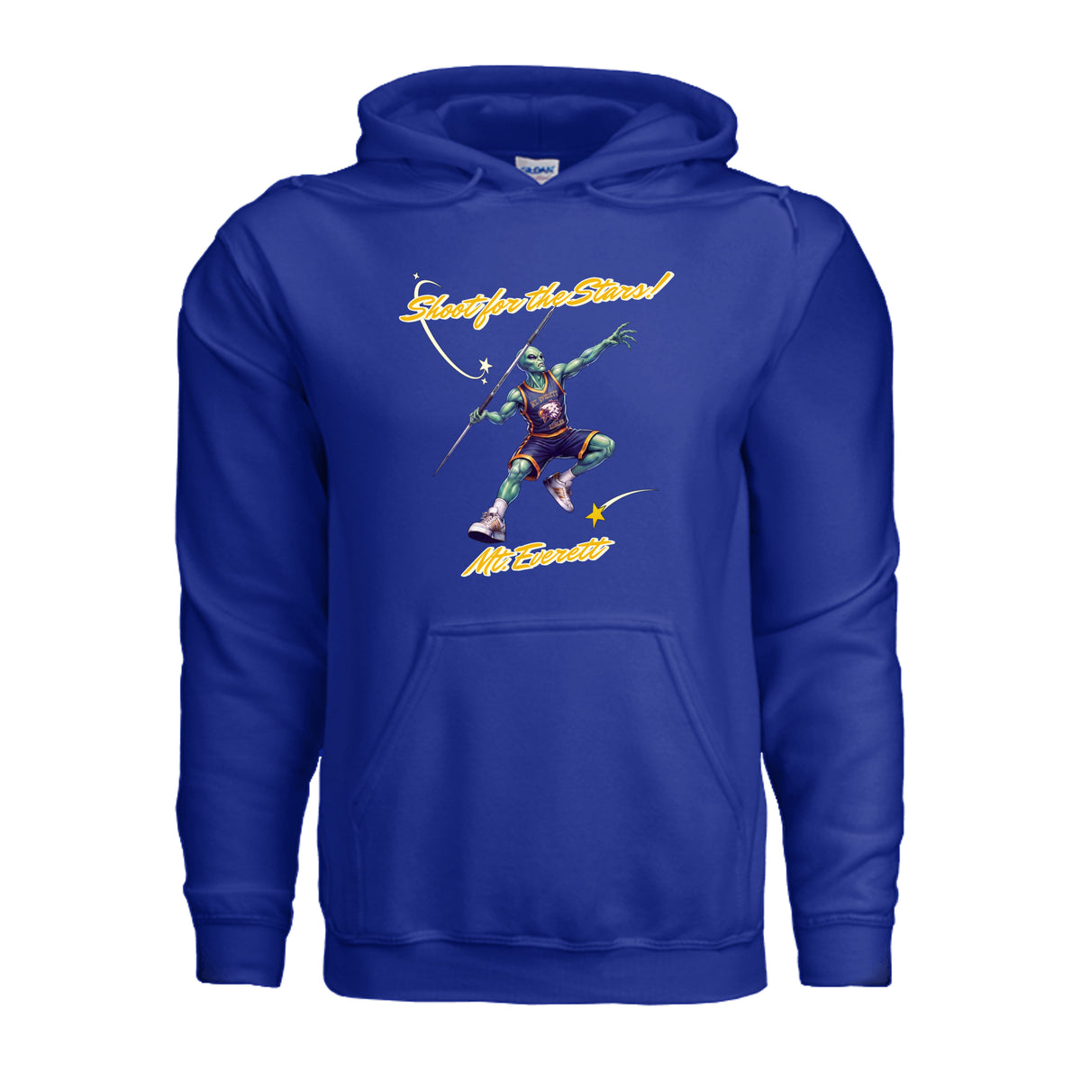 Royal-G185-Front -Mt Everett Eagles Shoot for the Stars Alien Invasion adult hoodie in Royal — school spirit apparel by Stu Borncat Creations