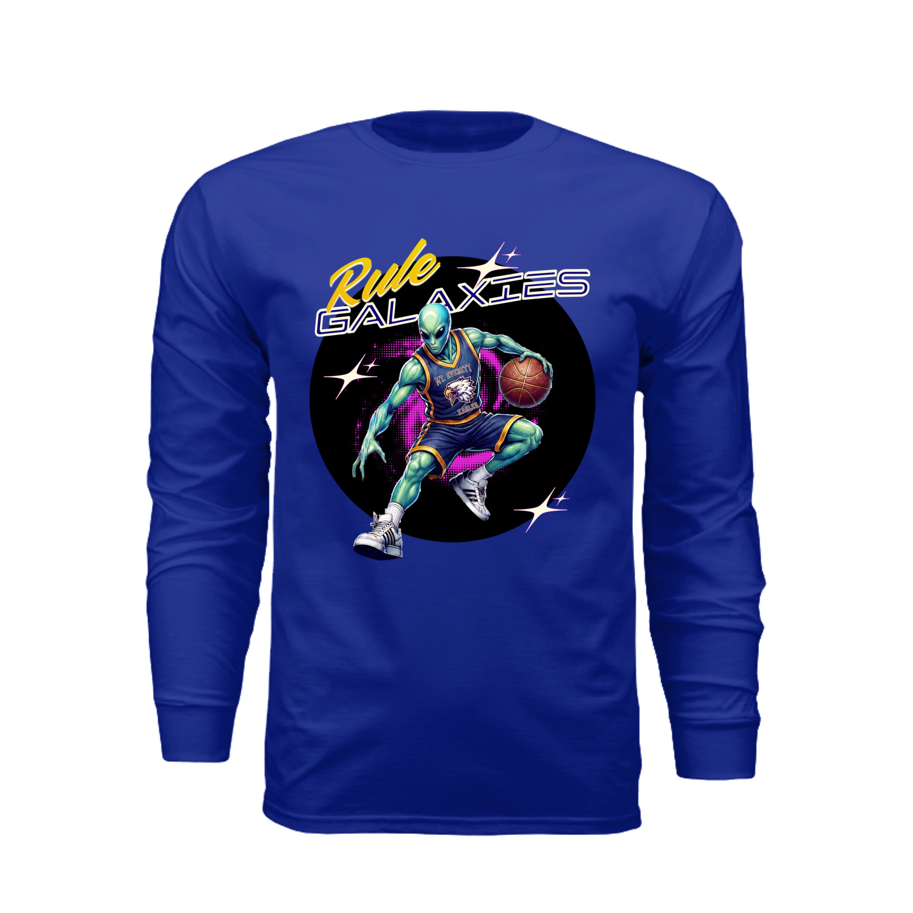 ndm:251749-Mt Everett Eagles Rule the Galaxies Alien Invasion adult long sleeve t-shirt — school spirit apparel by Stu Borncat Creations