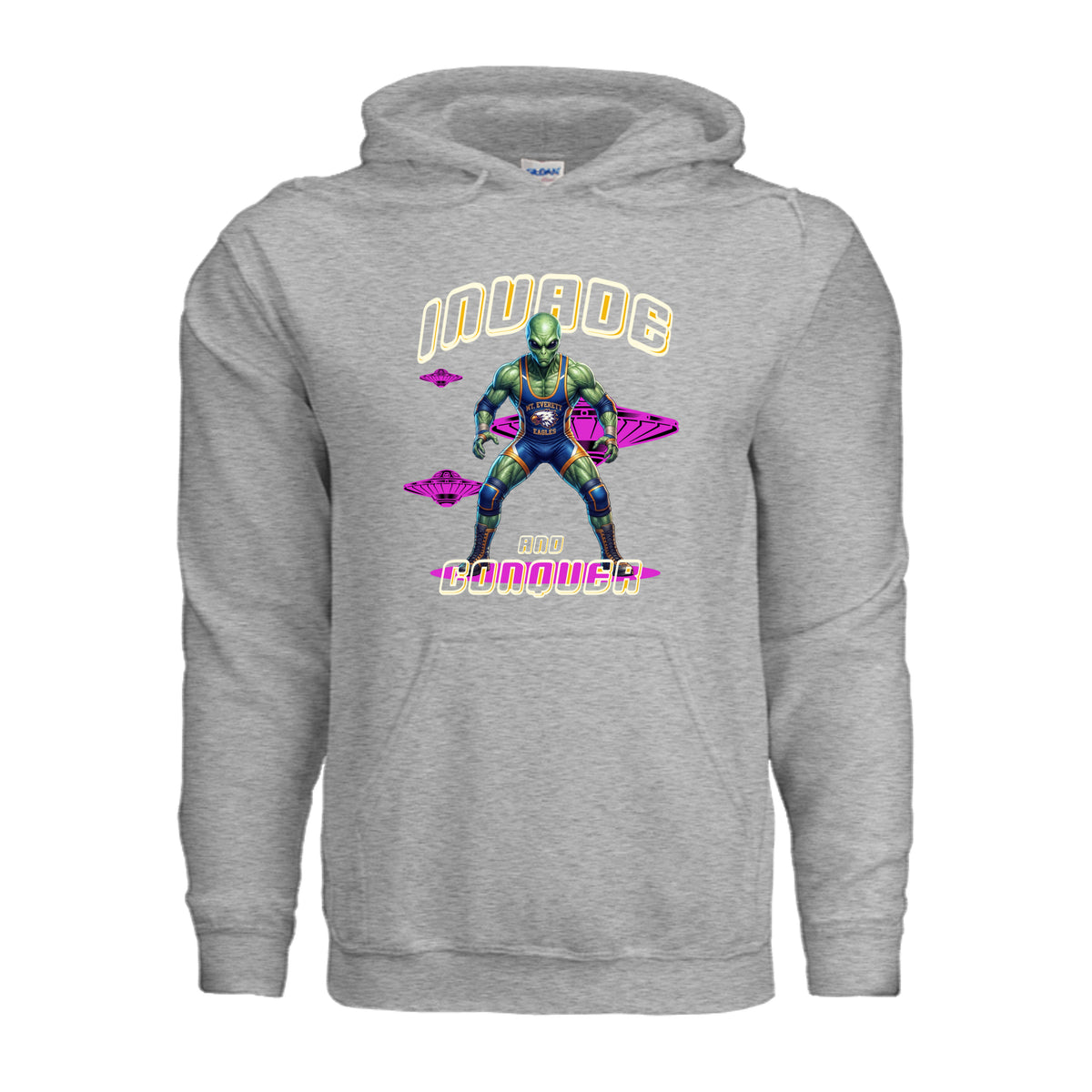 ndm:251897-Mt Everett Eagles Invade and Conquer Alien Invasion adult hoodie — school spirit apparel by Stu Borncat Creations