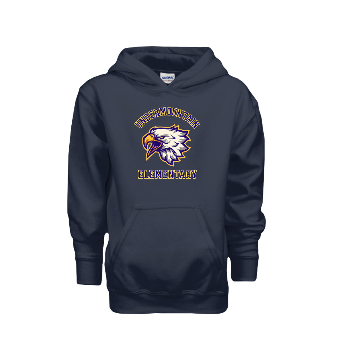 ndm:289583 - Navy-Front -Undermountain Elementary Eagles kids hoodie — school spirit apparel by Stu Borncat Creations 