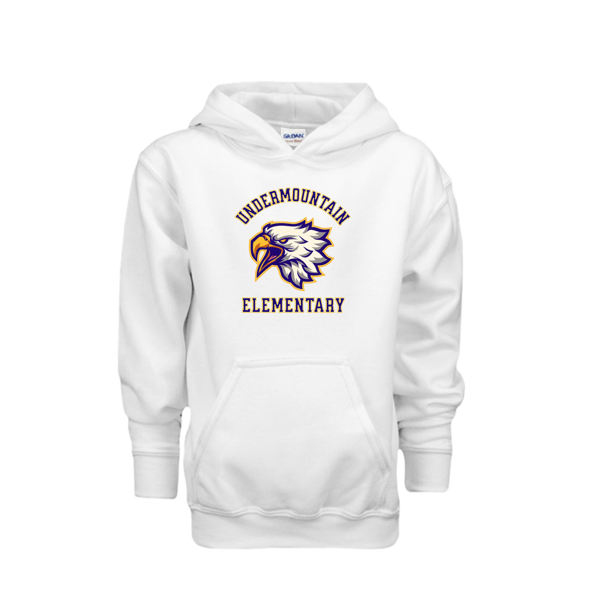 ndm:289587 - White- Front -  Undermountain Elementary Eagles kids hoodie — school spirit apparel by Stu Borncat Creations