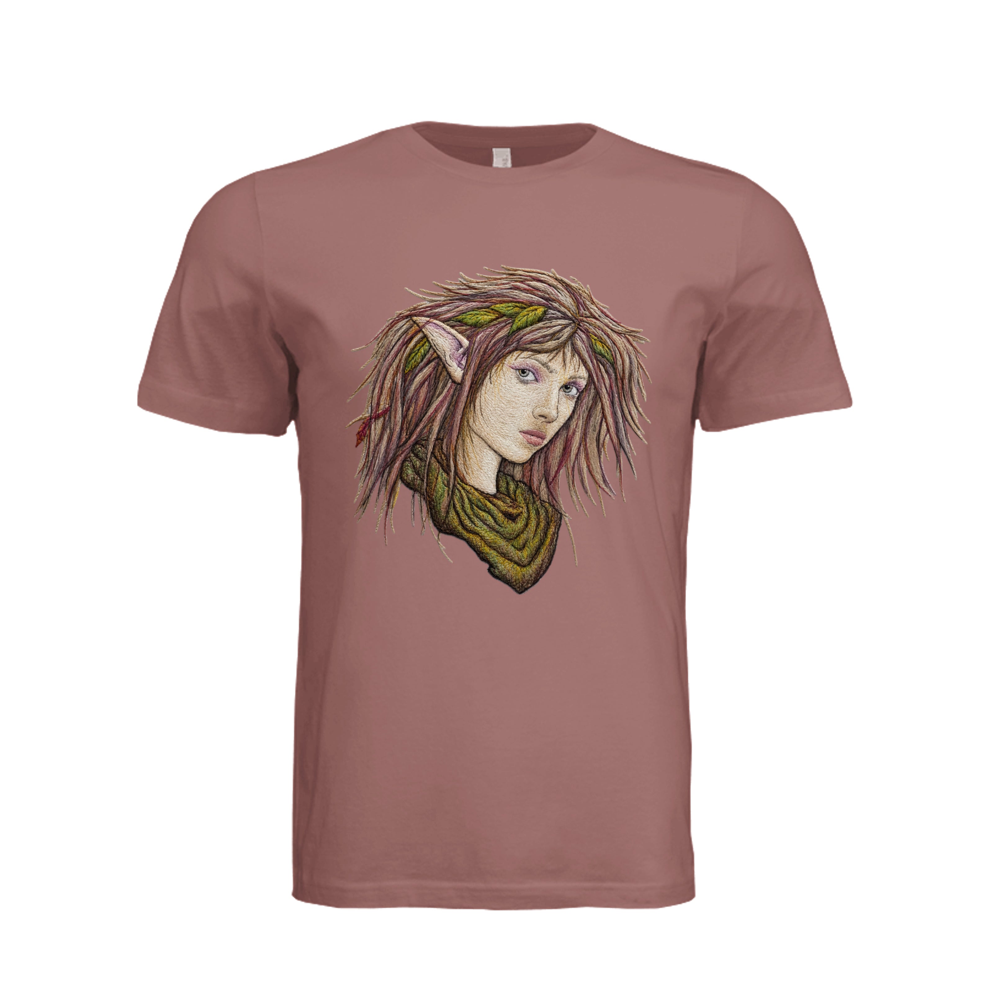 ndm:870832-Mauve-Fantasy elf portrait with wild dreadlocks and pointed ears, custom graphic t-shirt by Stu Borncat Creations
