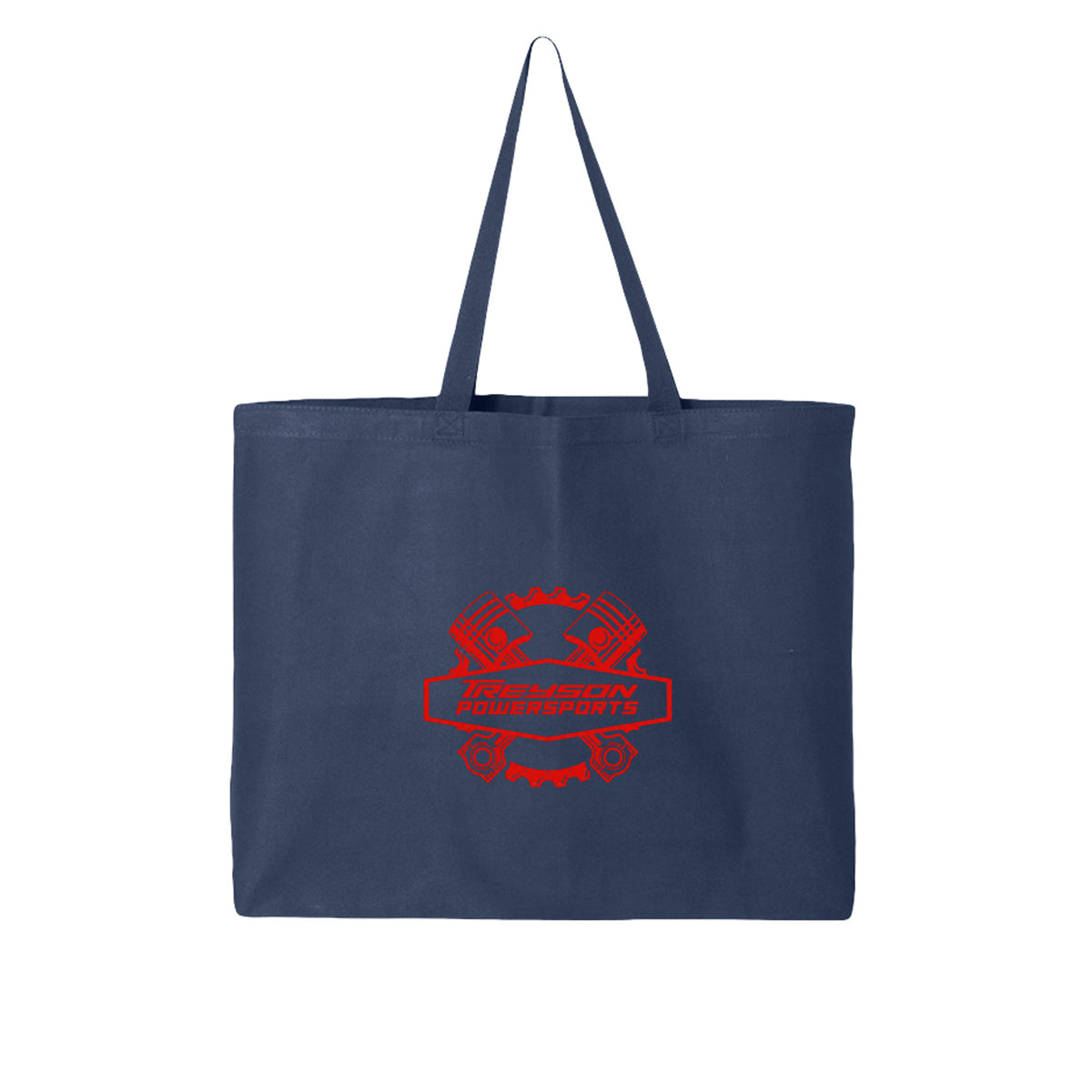 ndm:872642-Front-Navy-Treyson Powersports graphic tote bag — front view, custom print-on-demand by Stu Borncat Creations