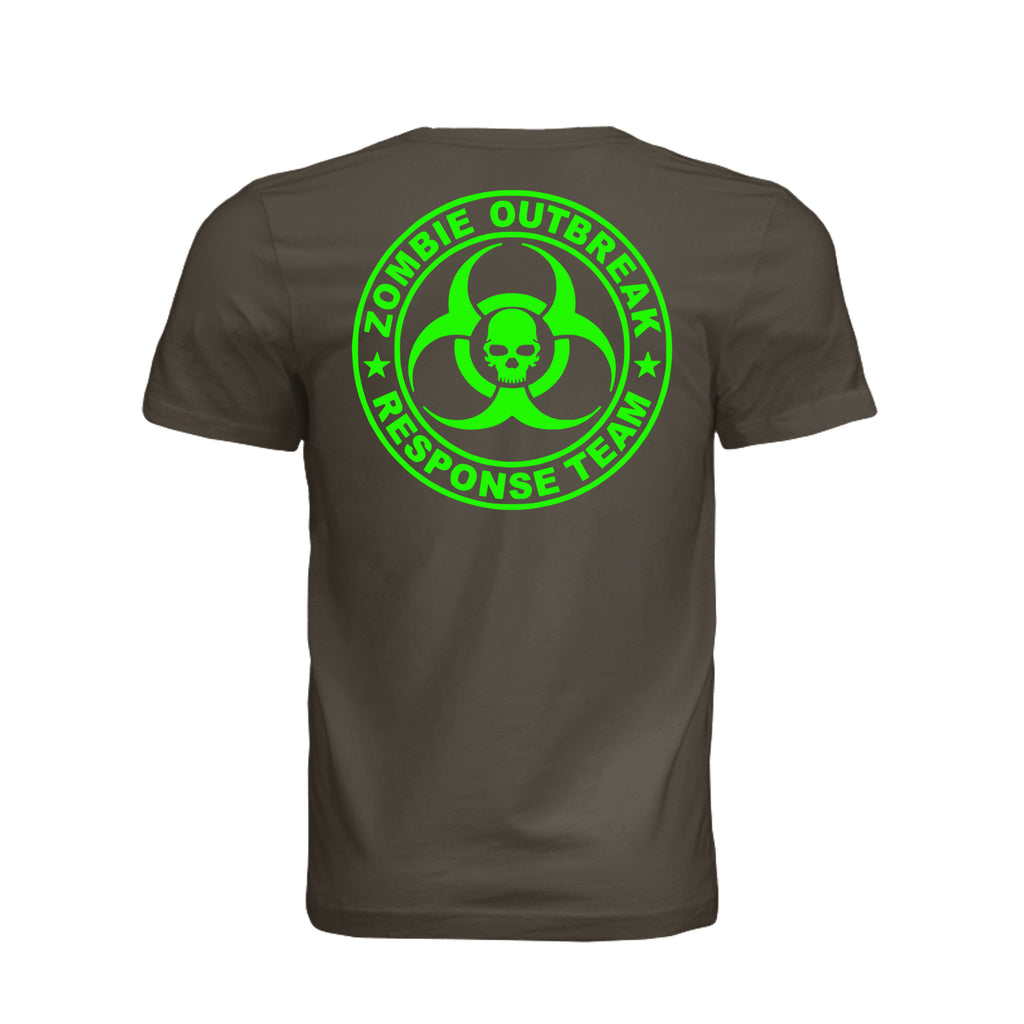 ndm:885369-Back-Army Green — Zombie Outbreak Halloween adult graphic tee — spooky season DTF print by Stu Borncat Creations