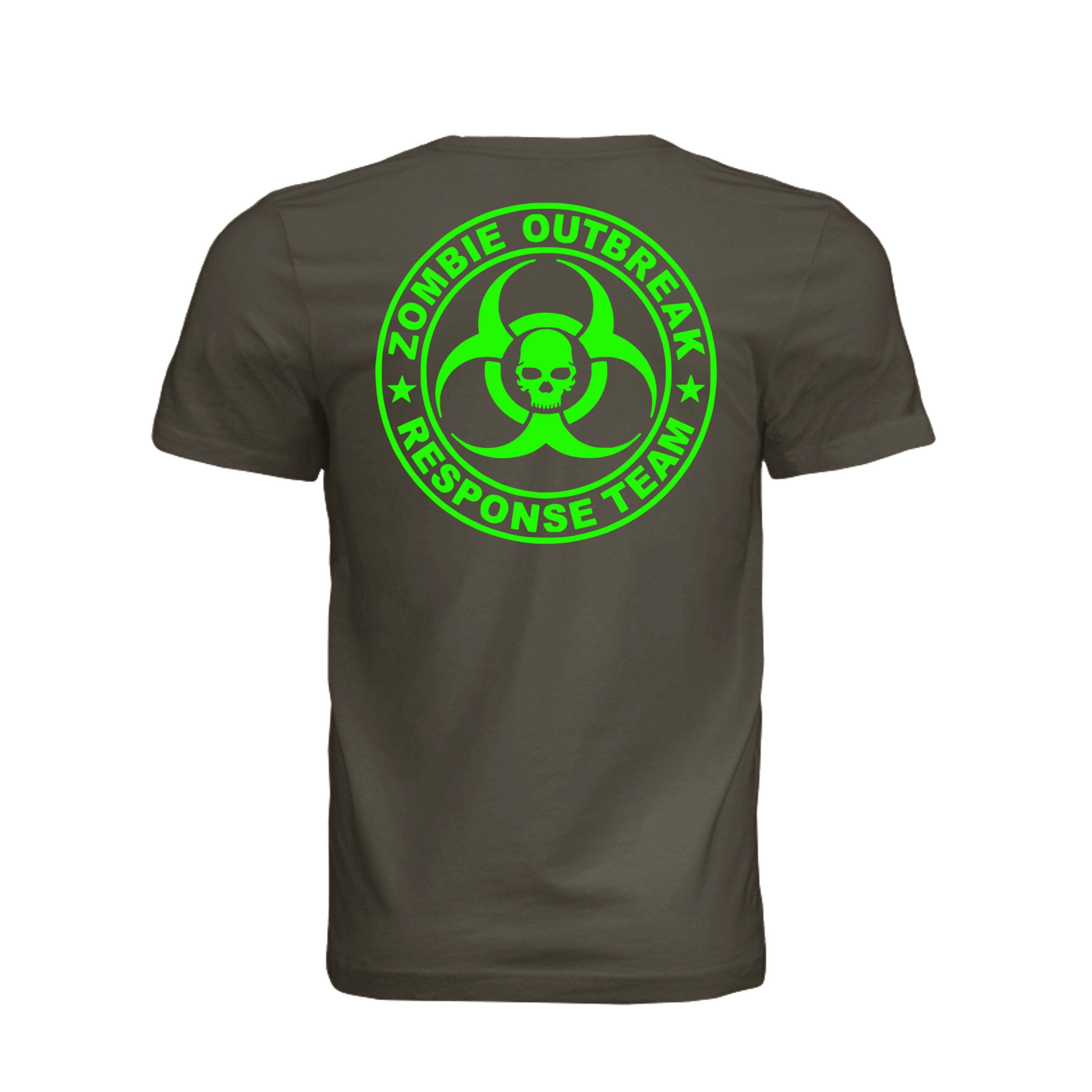 ndm:885369-Back-Army Green — Zombie Outbreak Halloween adult graphic tee — spooky season DTF print by Stu Borncat Creations