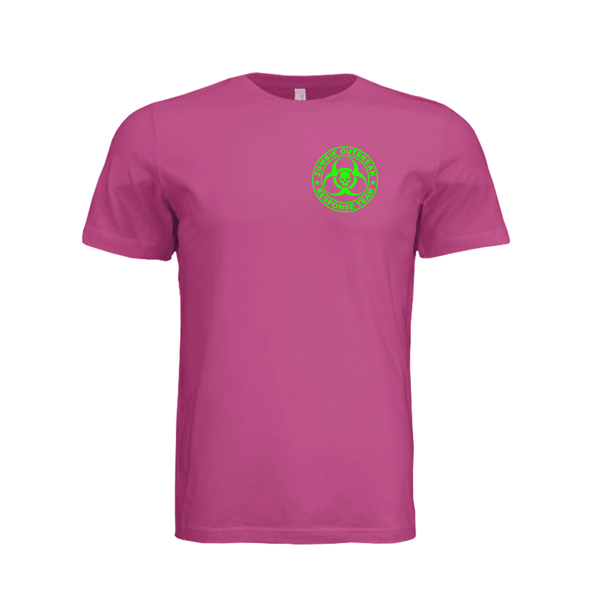 ndm:885374-Front-Fuchsia — Zombie Outbreak Halloween adult graphic tee — spooky season DTF print by Stu Borncat Creations