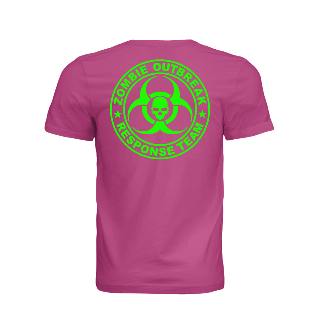 ndm:885375-Back-Fuchsia — Zombie Outbreak Halloween adult graphic tee — spooky season DTF print by Stu Borncat Creations