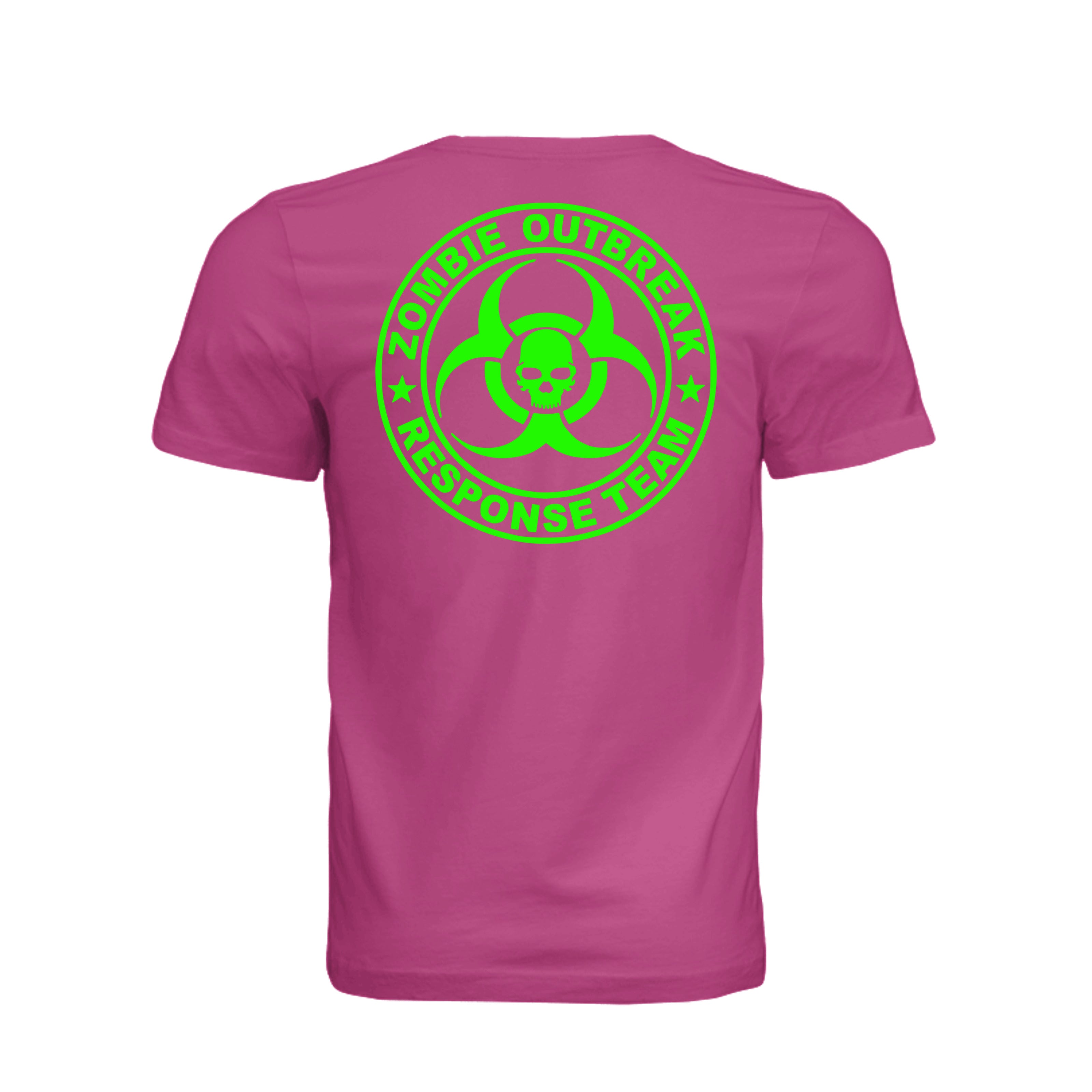 ndm:885375-Back-Fuchsia — Zombie Outbreak Halloween adult graphic tee — spooky season DTF print by Stu Borncat Creations
