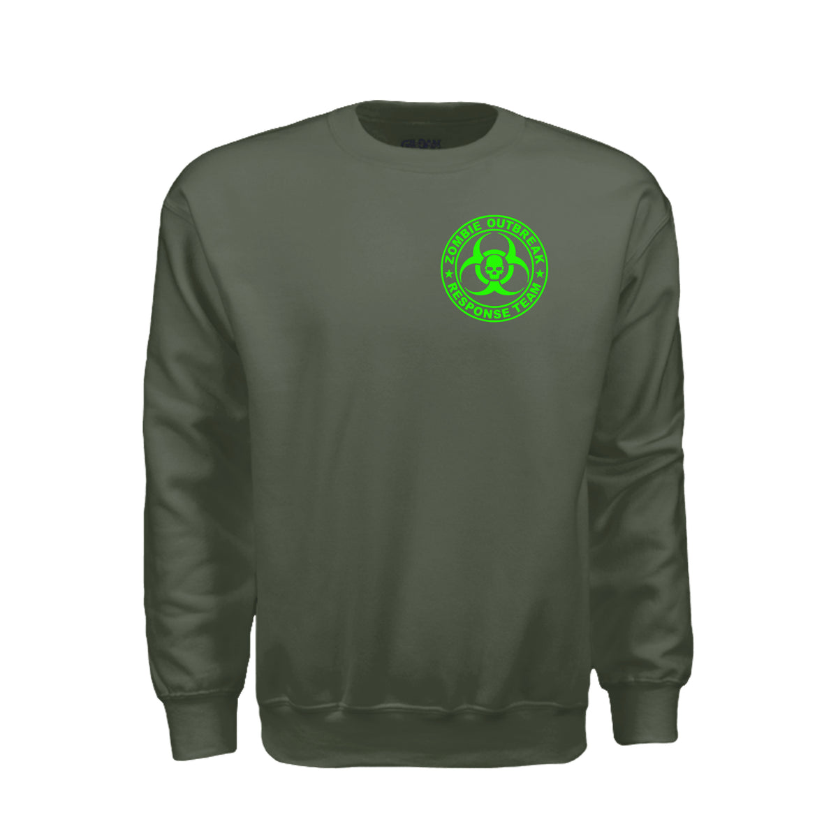 ndm:885750-Front-Military Green-Zombie Outbreak Halloween sweatshirt — spooky season apparel by Stu Borncat Creations