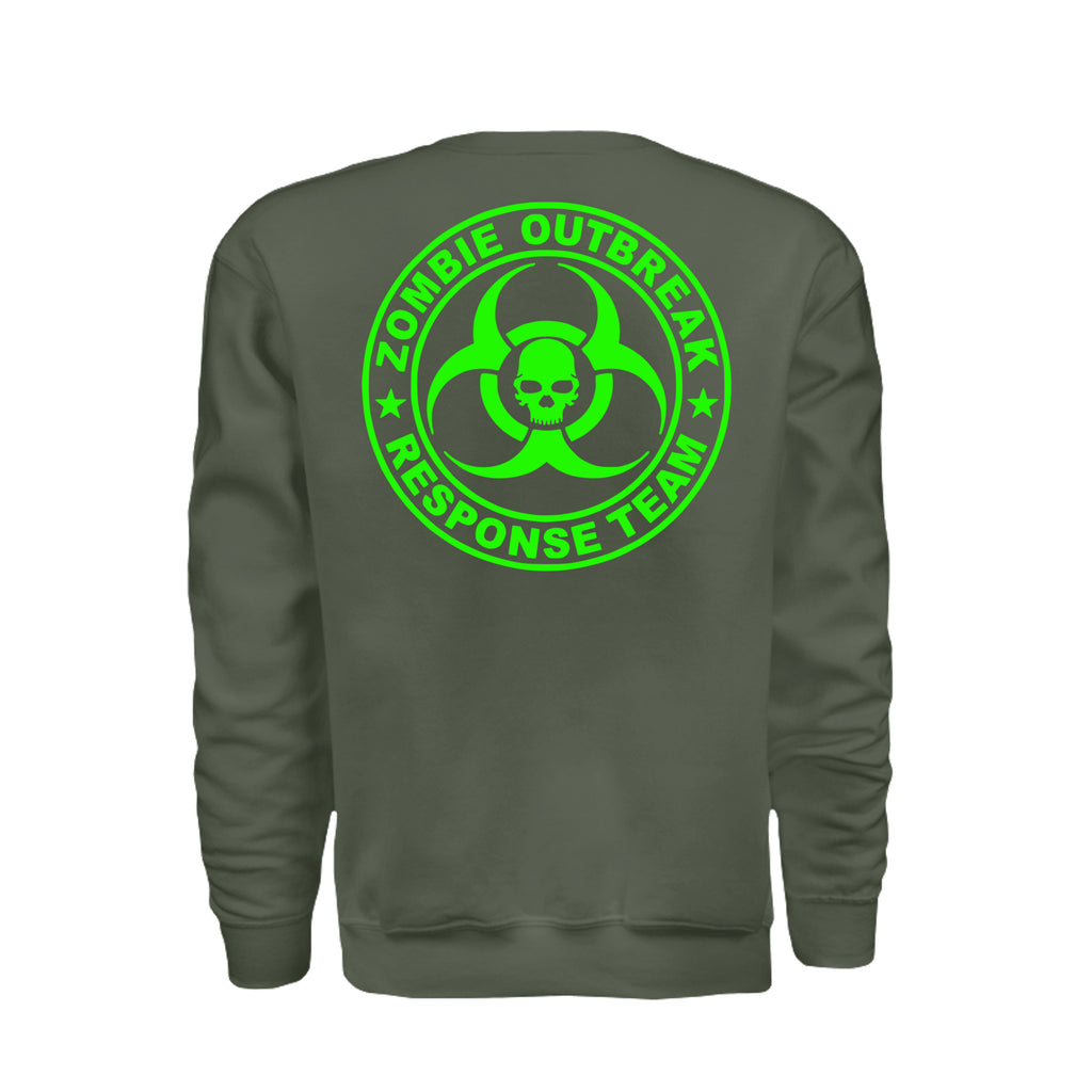 ndm:885751-Back-Military Green-Zombie Outbreak Halloween sweatshirt — spooky season apparel by Stu Borncat Creations