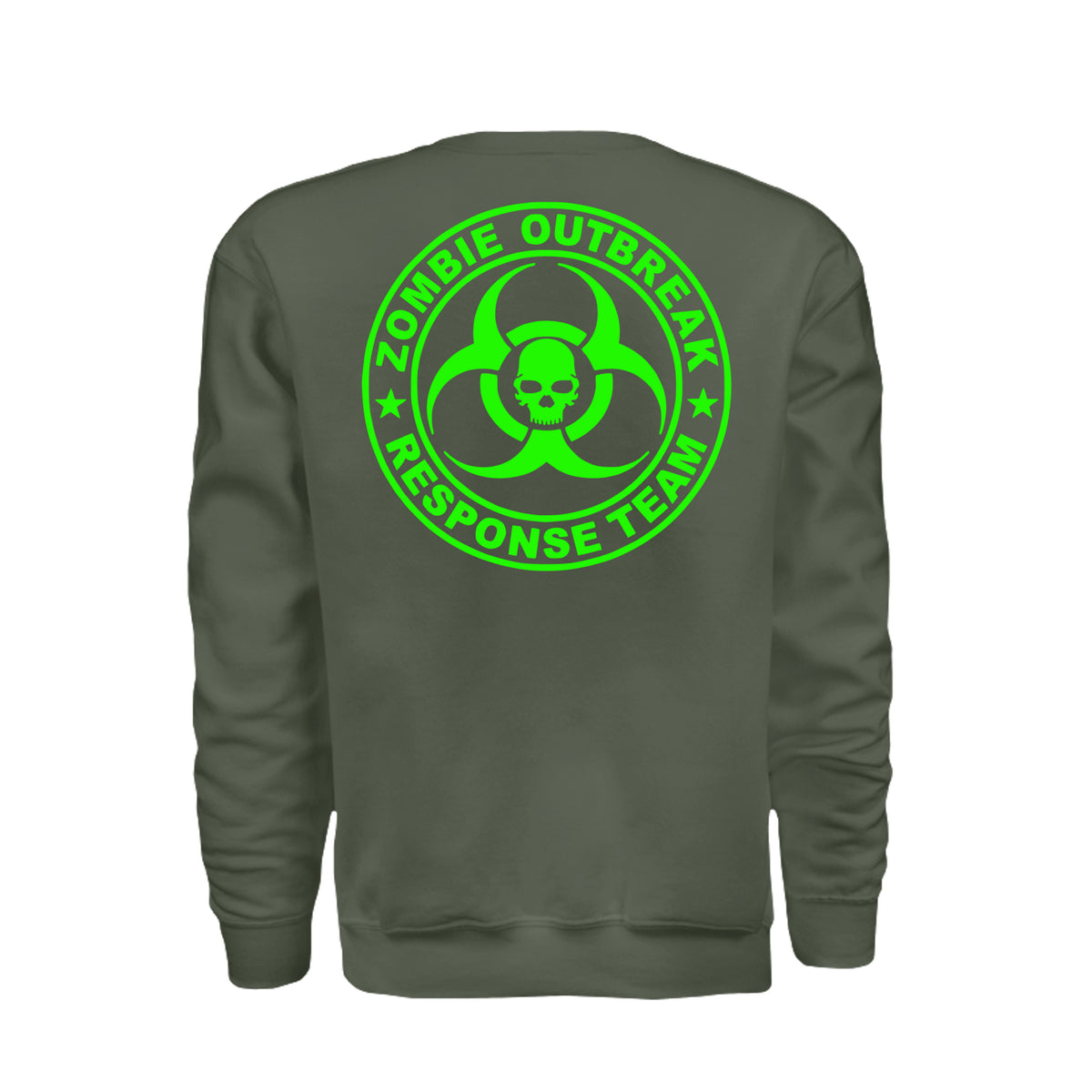 ndm:885751-Back-Military Green-Zombie Outbreak Halloween sweatshirt — spooky season apparel by Stu Borncat Creations