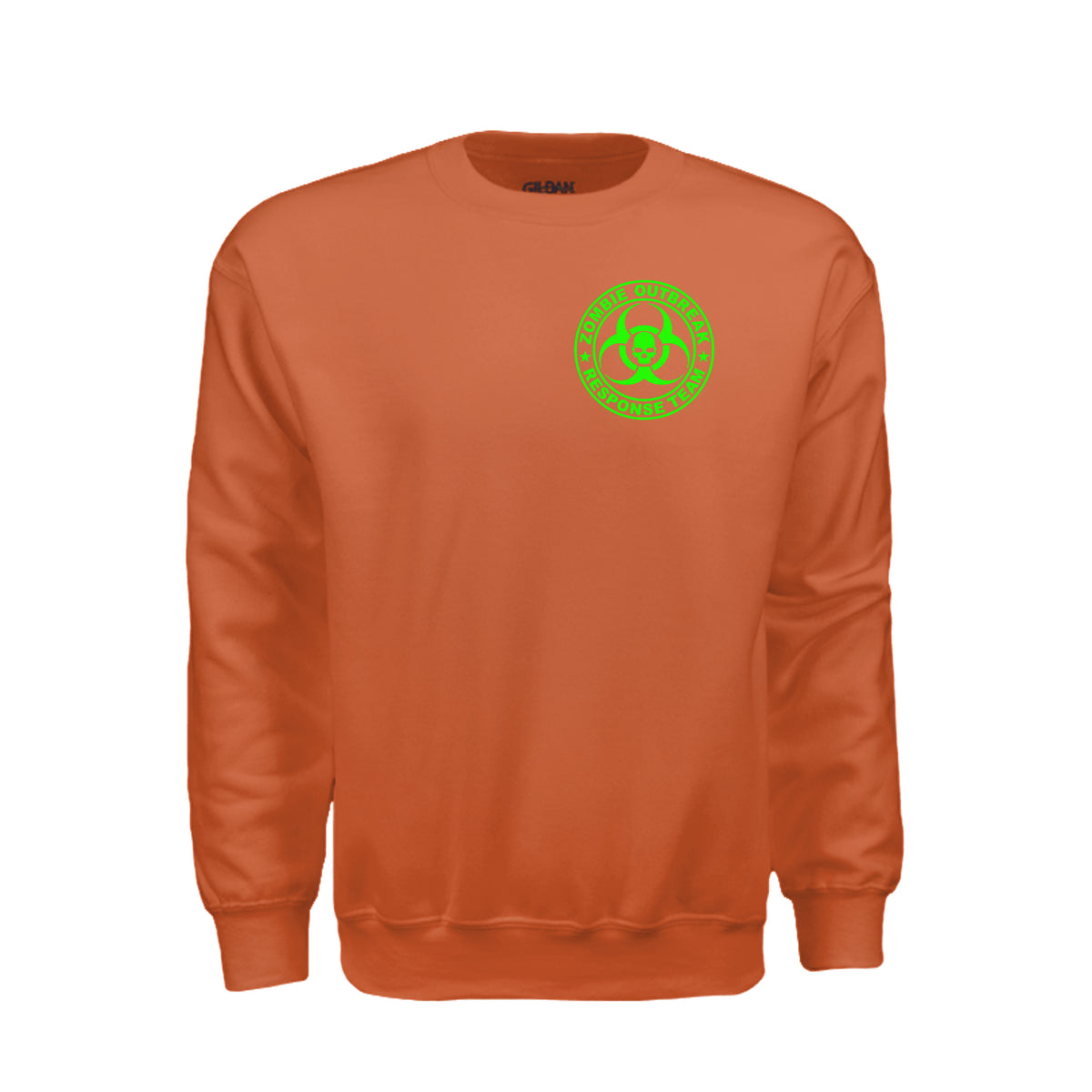 ndm:885752-Front-Orange-Zombie Outbreak Halloween sweatshirt — spooky season apparel by Stu Borncat Creations