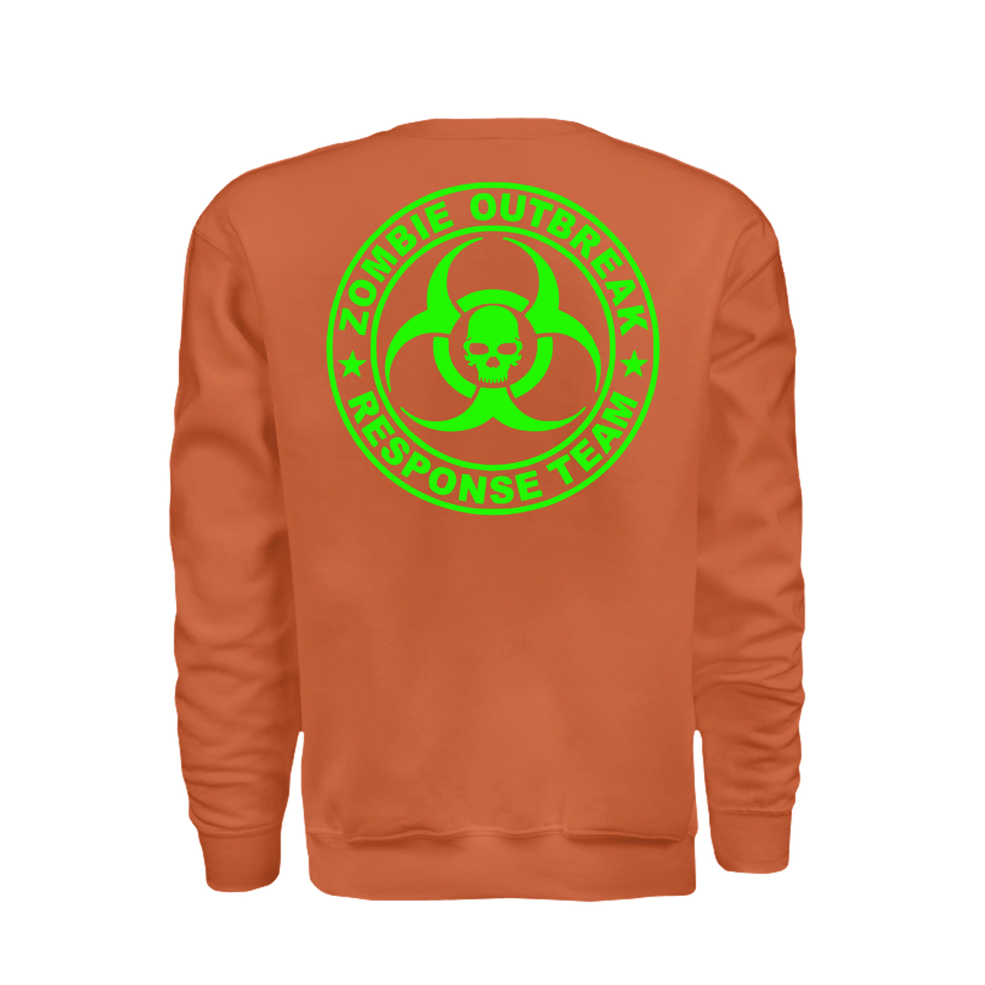 ndm:885753-Back-Orange-Zombie Outbreak Halloween sweatshirt — spooky season apparel by Stu Borncat Creations