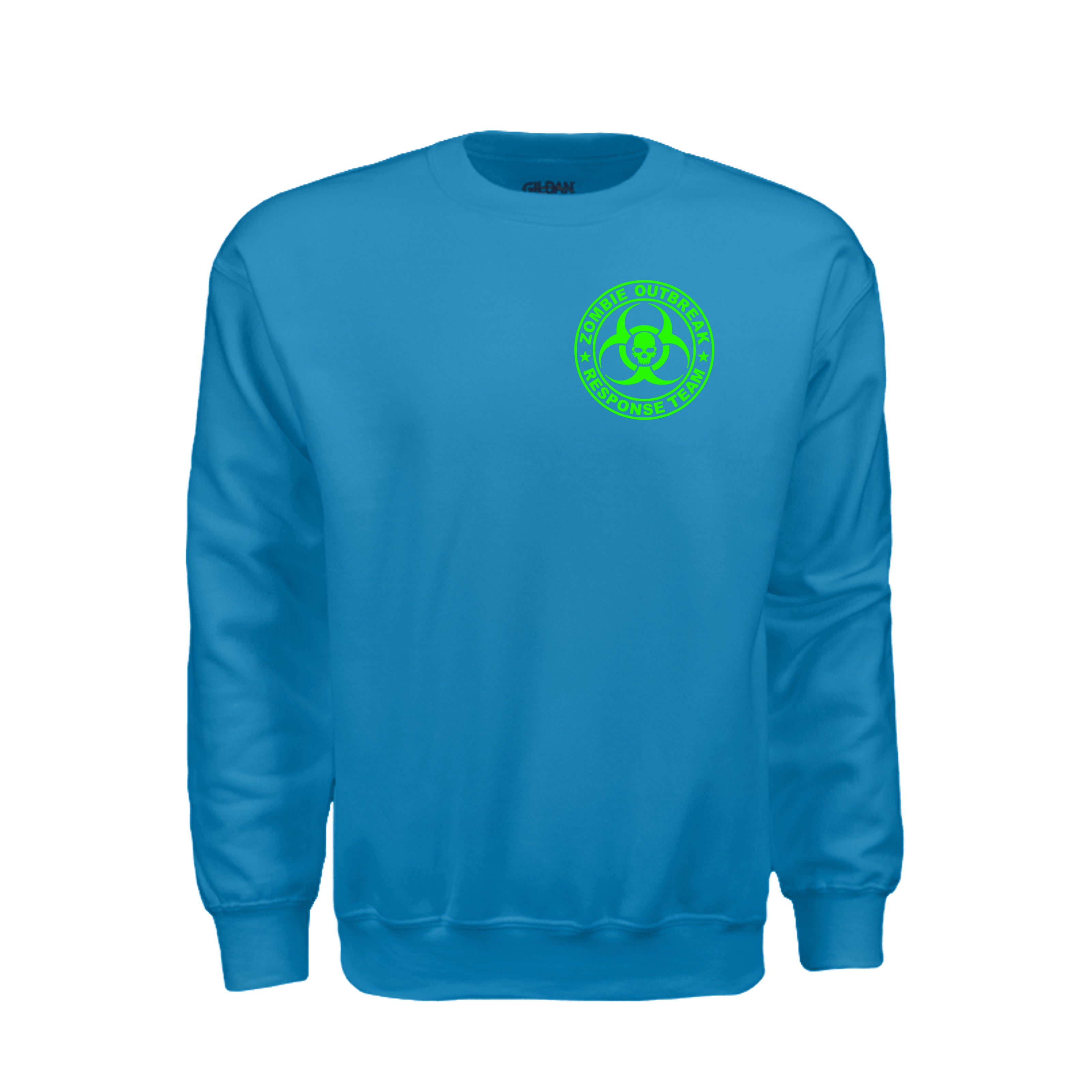 ndm:885754-Front-Sapphire-Zombie Outbreak Halloween sweatshirt — spooky season apparel by Stu Borncat Creations