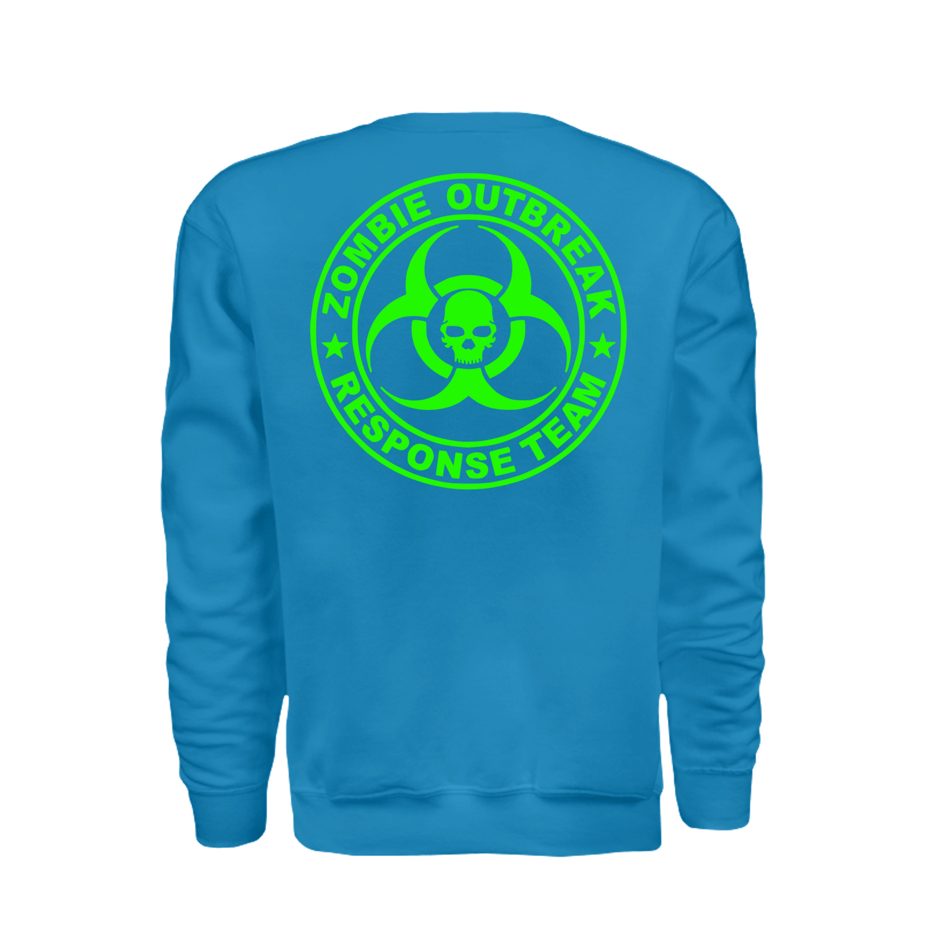 ndm:885755-Back-Sapphire-Zombie Outbreak Halloween sweatshirt — spooky season apparel by Stu Borncat Creations