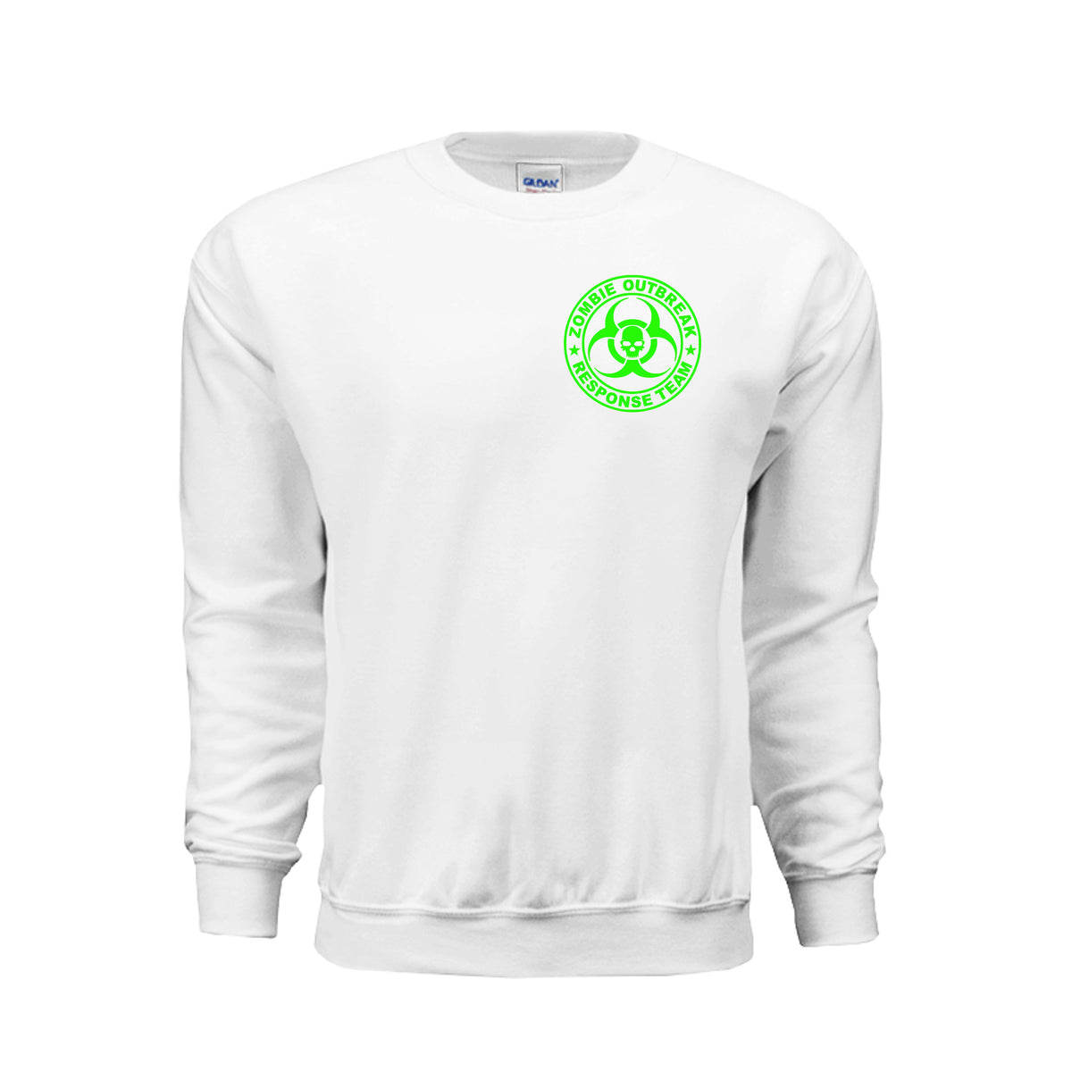 ndm:885756-Front-White-Zombie Outbreak Halloween sweatshirt — spooky season apparel by Stu Borncat Creations
