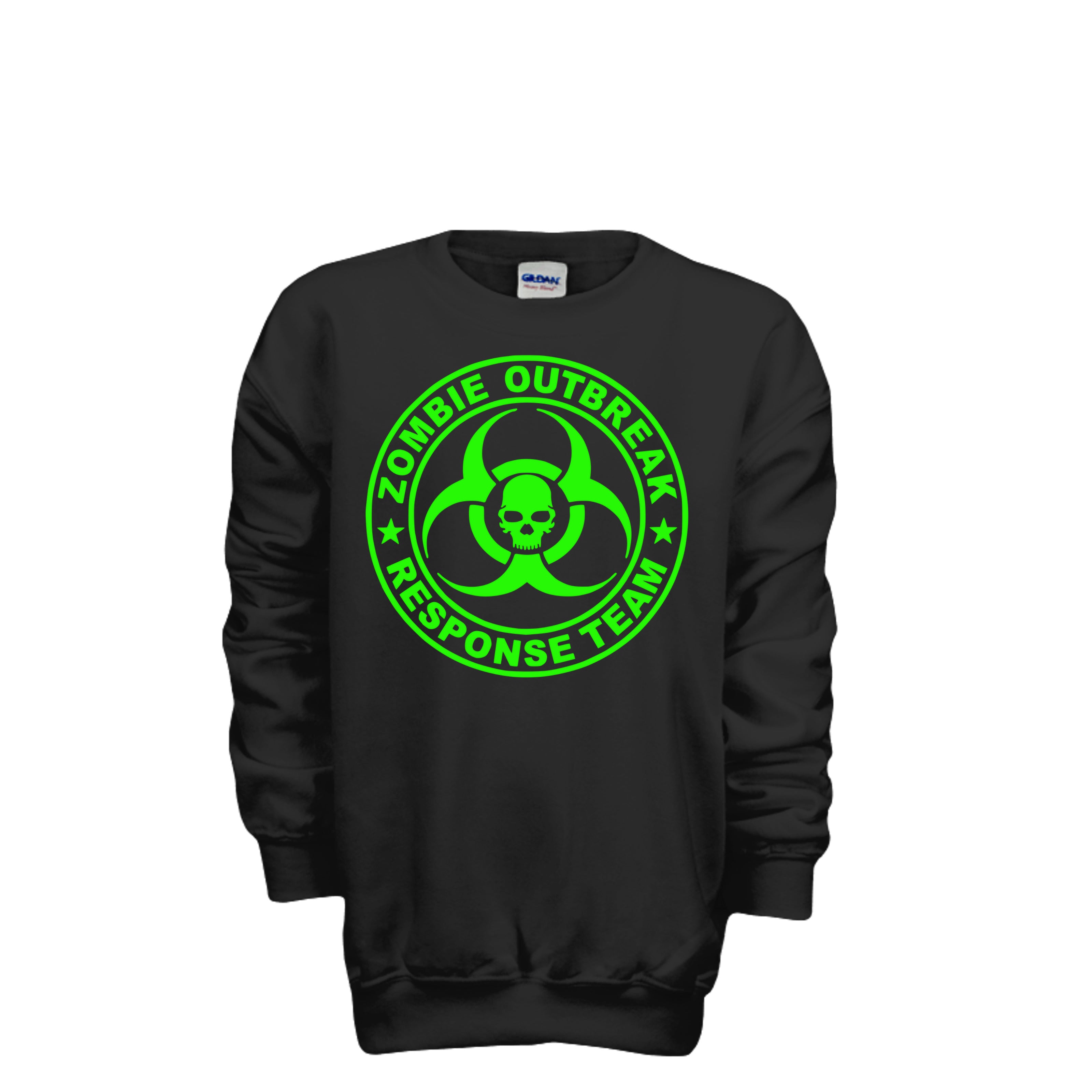 ndm:886147-Front-Black-Kids Zombie Halloween sweatshirt — spooky season apparel by Stu Borncat Creations