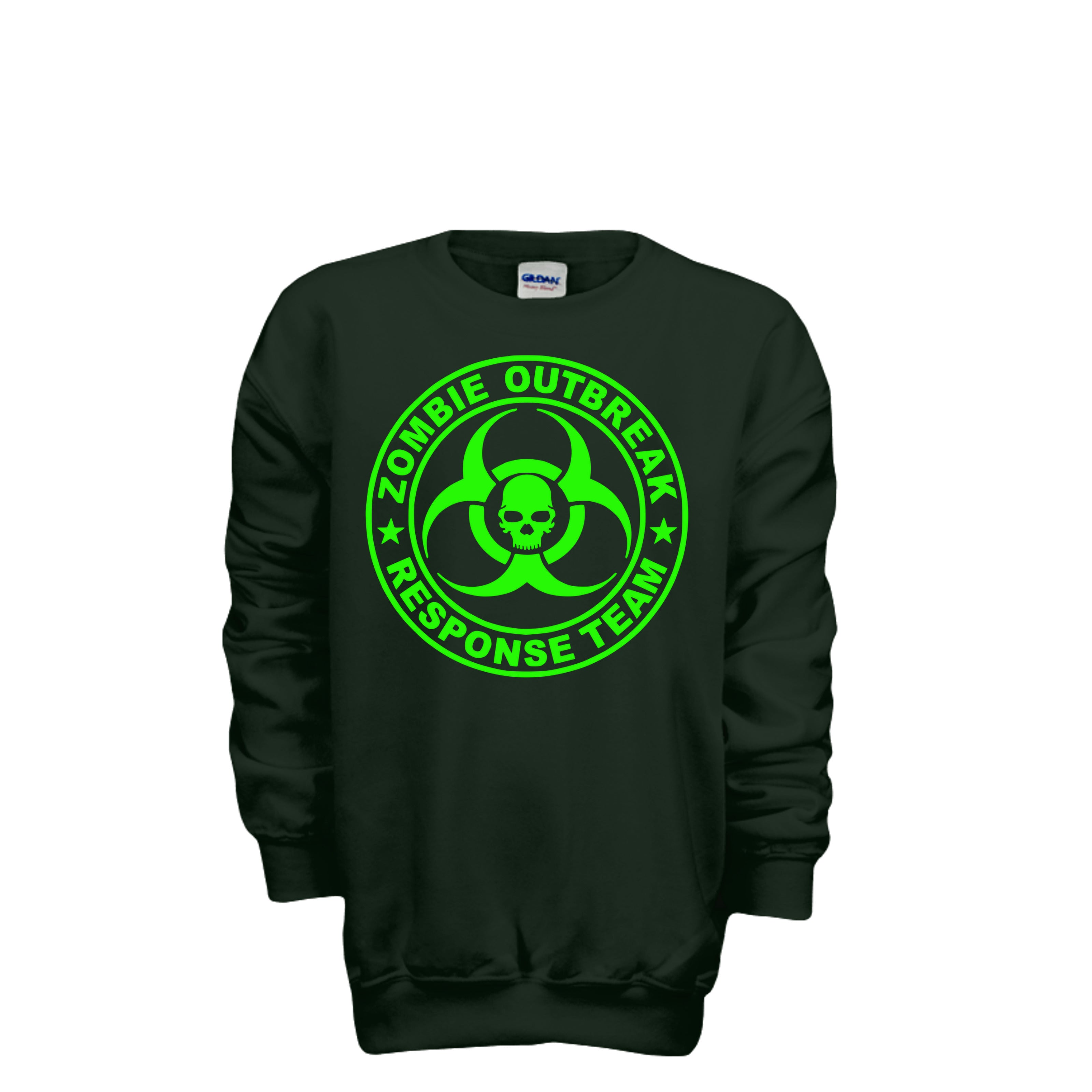 ndm:886149-Front-Forest Green-Kids Zombie Halloween sweatshirt — spooky season apparel by Stu Borncat Creations