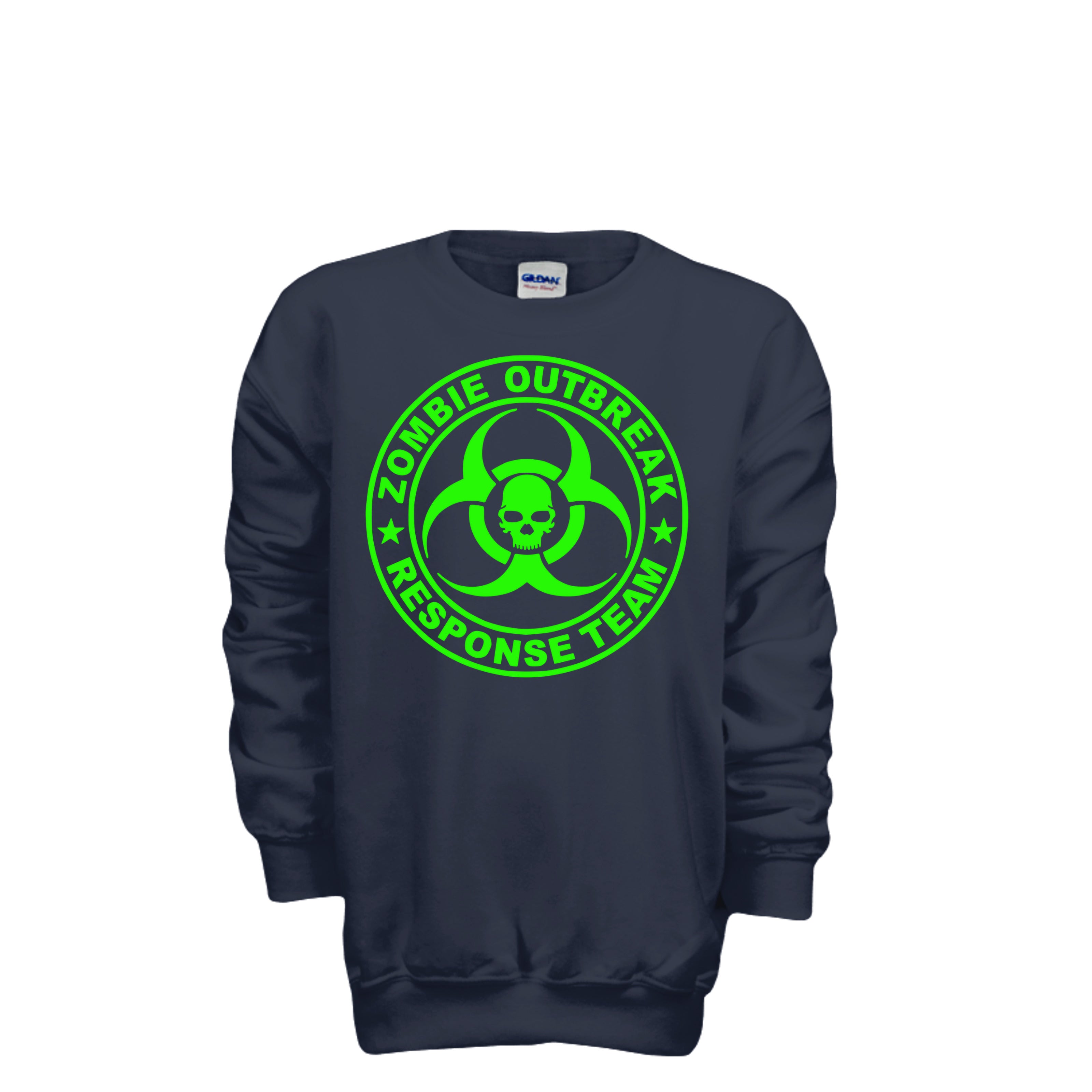 ndm:886151-Front-Navy-Kids Zombie Halloween sweatshirt — spooky season apparel by Stu Borncat Creations