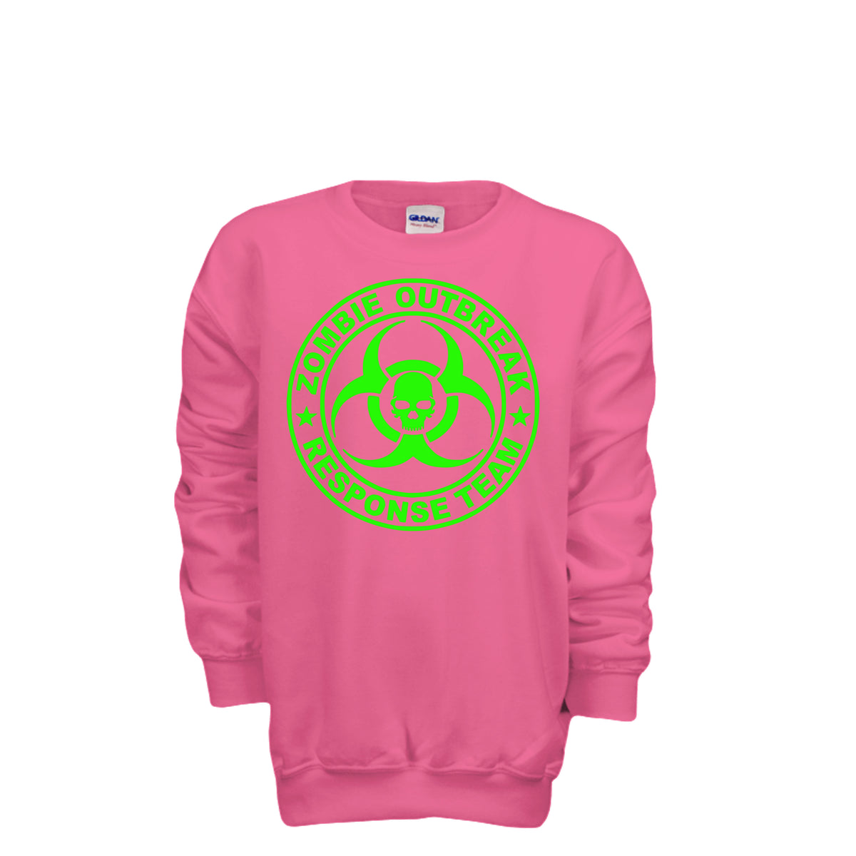 ndm:886155-Front-Safety Pink-Kids Zombie Halloween sweatshirt — spooky season apparel by Stu Borncat Creations