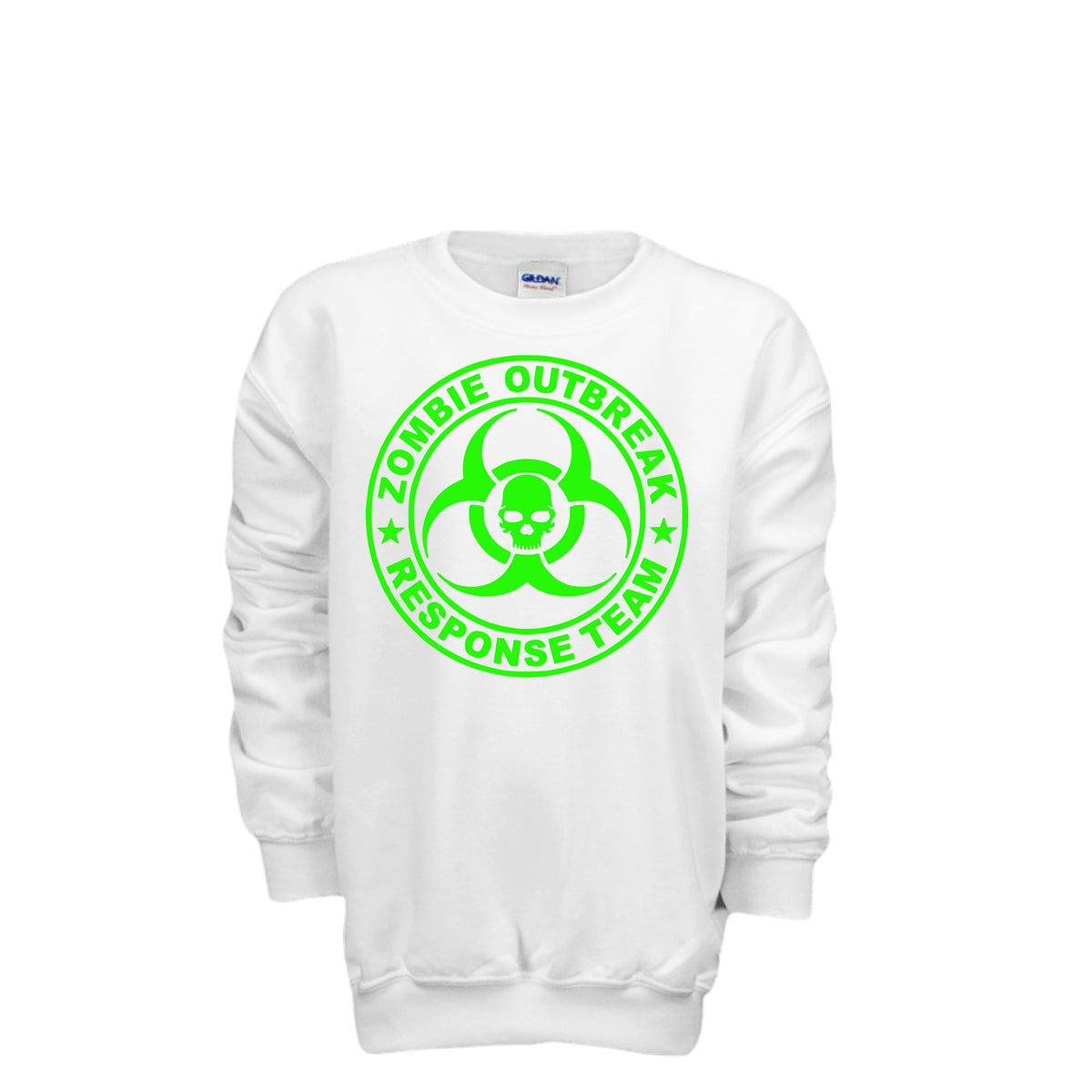 ndm:886157-Front-White-Kids Zombie Halloween sweatshirt — spooky season apparel by Stu Borncat Creations